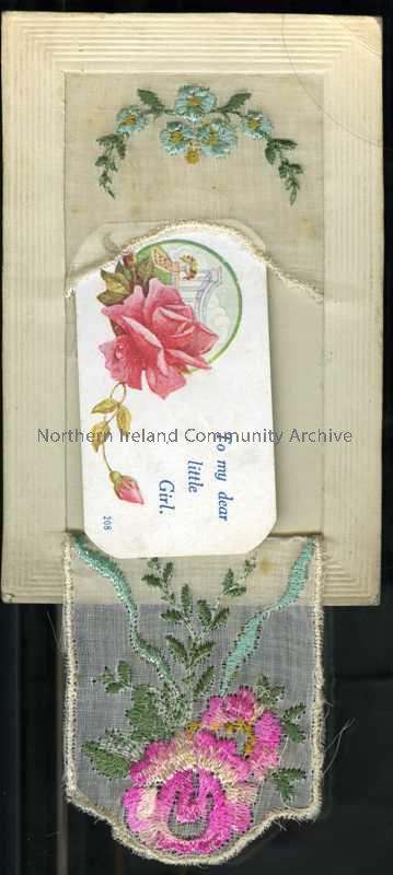 Embroidered postcard embroidered with flowers, from ‘Andy’ and wishing Happy Christmas. Contains ‘secret’ flap with small card inside.   – 79b