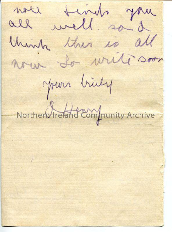 Handwritten letter in purple pencil from James to his father – “got here alright” [Finner Camp] – 2b