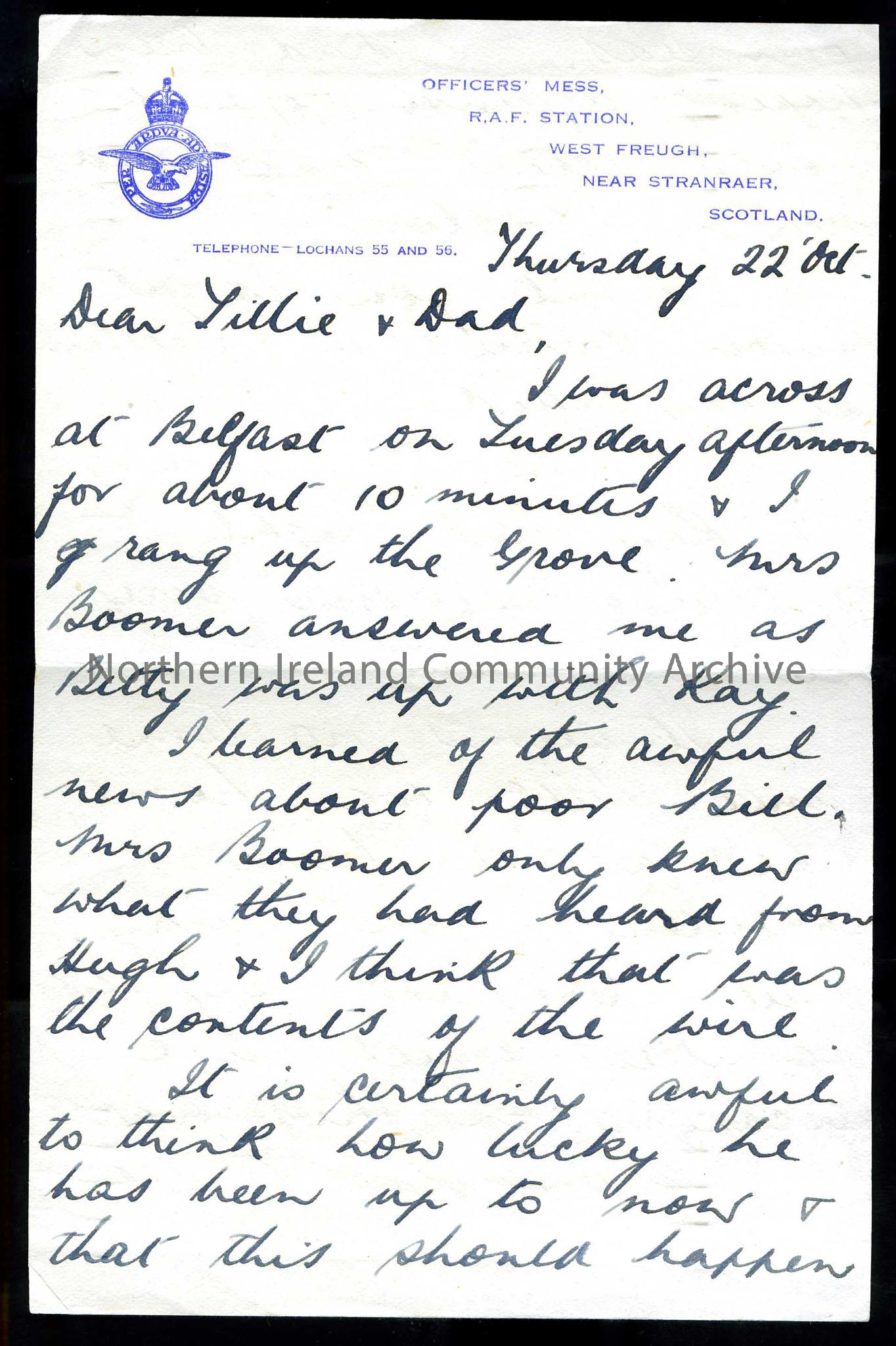 Page one of two – Addressed to Tillie and Dad from Jack (Bill’s brother). Sent from Officers’ Mess, R.A.F. Station, West Freugh, Near Stranraer, Scotl… – Scan814.1