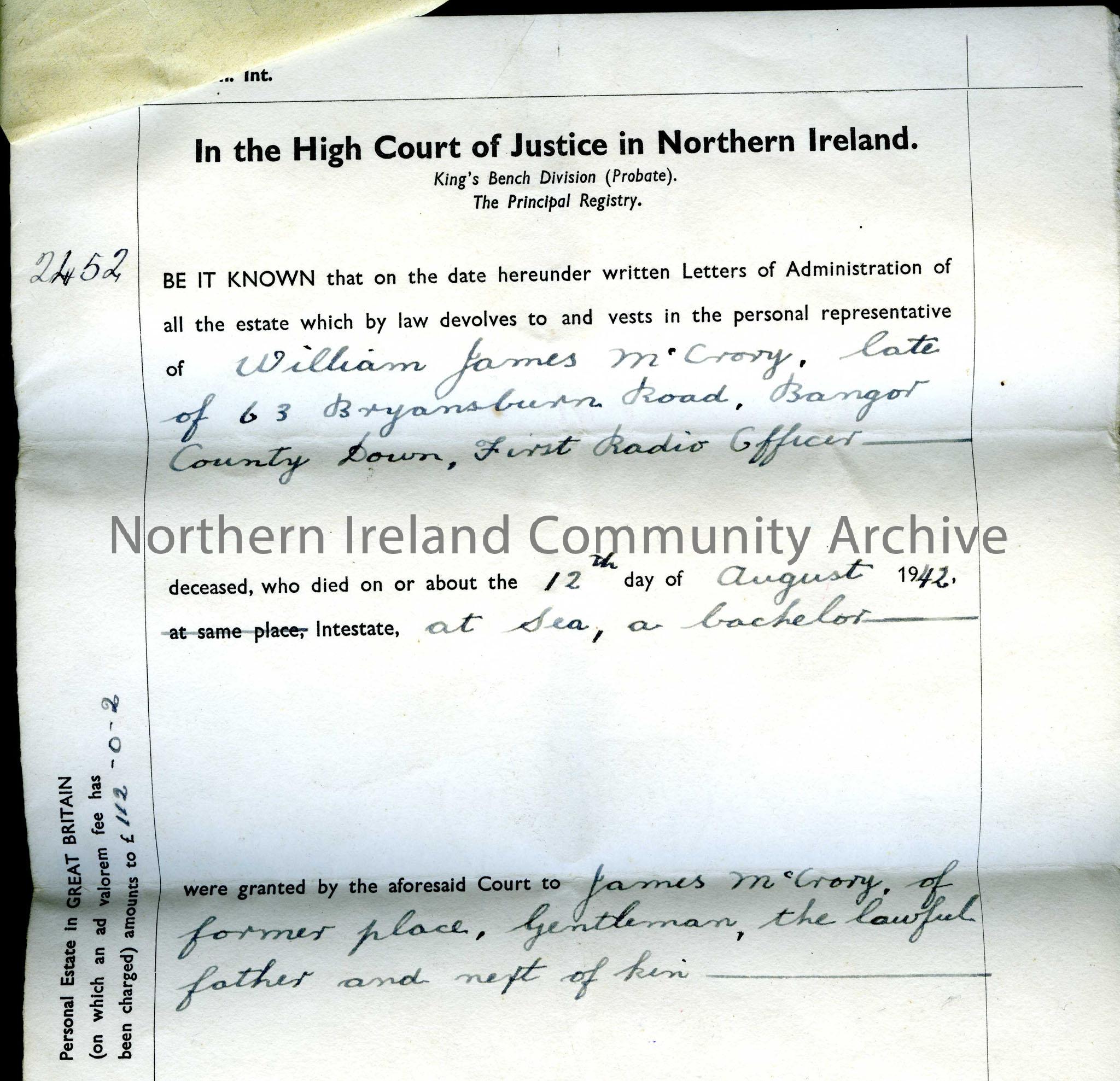 Grant of Administration of the estate of Wm. Jas McCrory – deceased. Folded into four.  – Scan815d