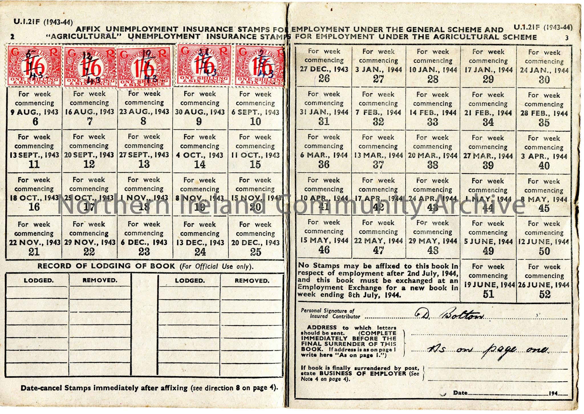 Folded green or grey card. National Insurance card. ‘Regular Unemployment Book: Woman: (Age 21 but under 60)’. 5th July 1943 to 2nd July 1944 in North… – img005b