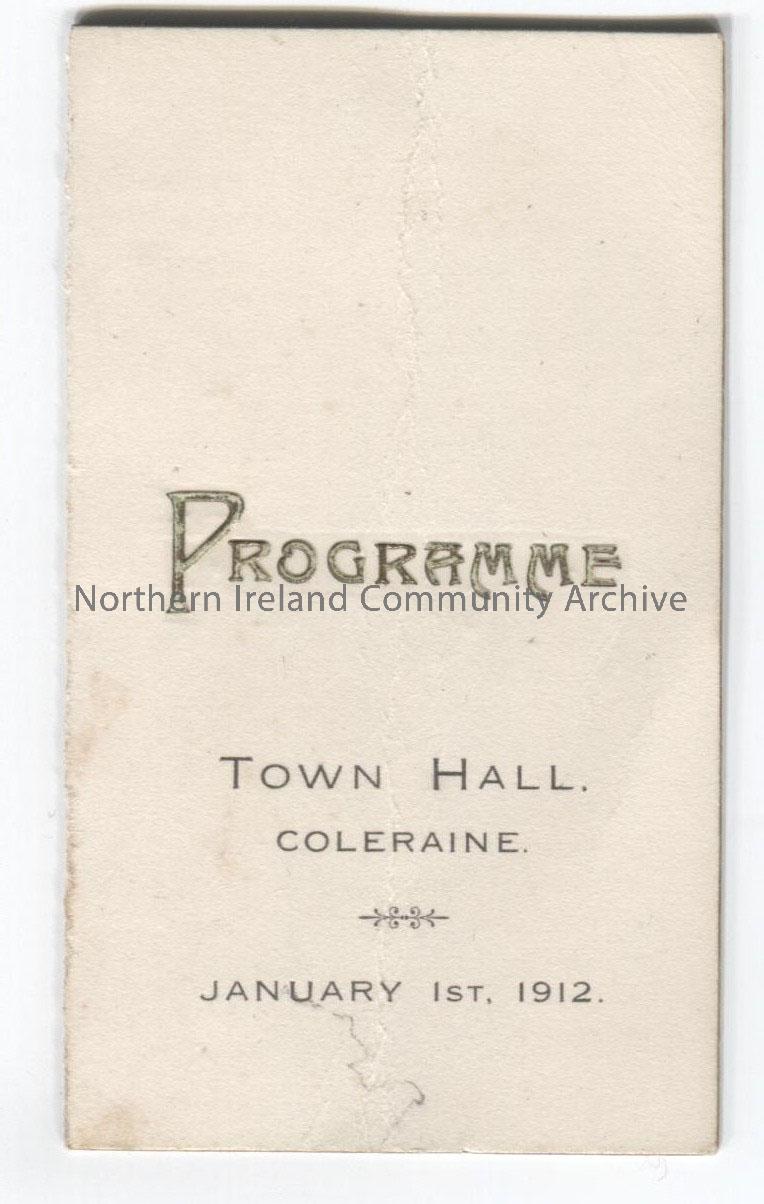 Dance card or programme for Town Hall, Coleraine, January 1st 1912.