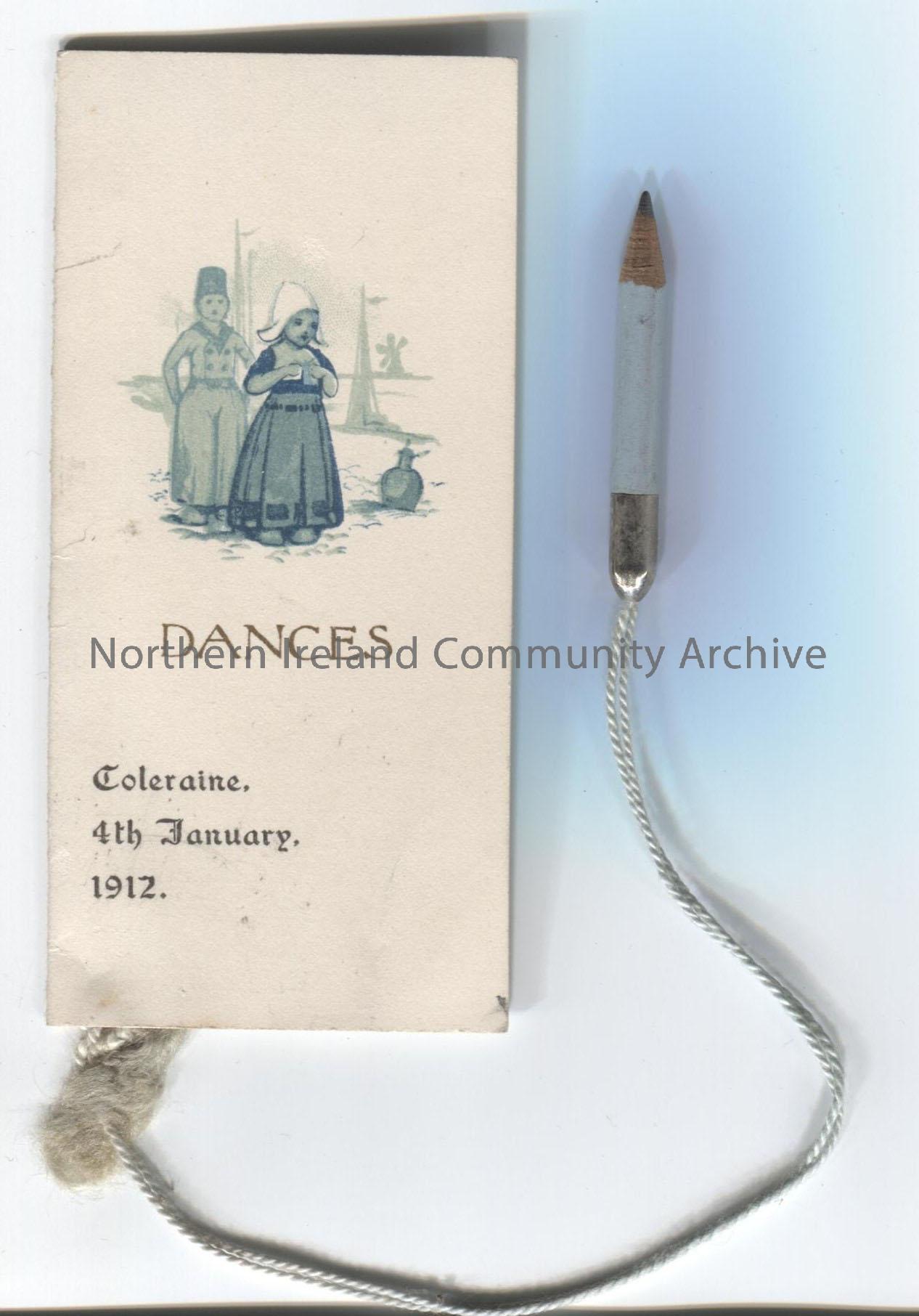 Dance card or programme for Coleraine, January 4th 1912. Pencil attached.