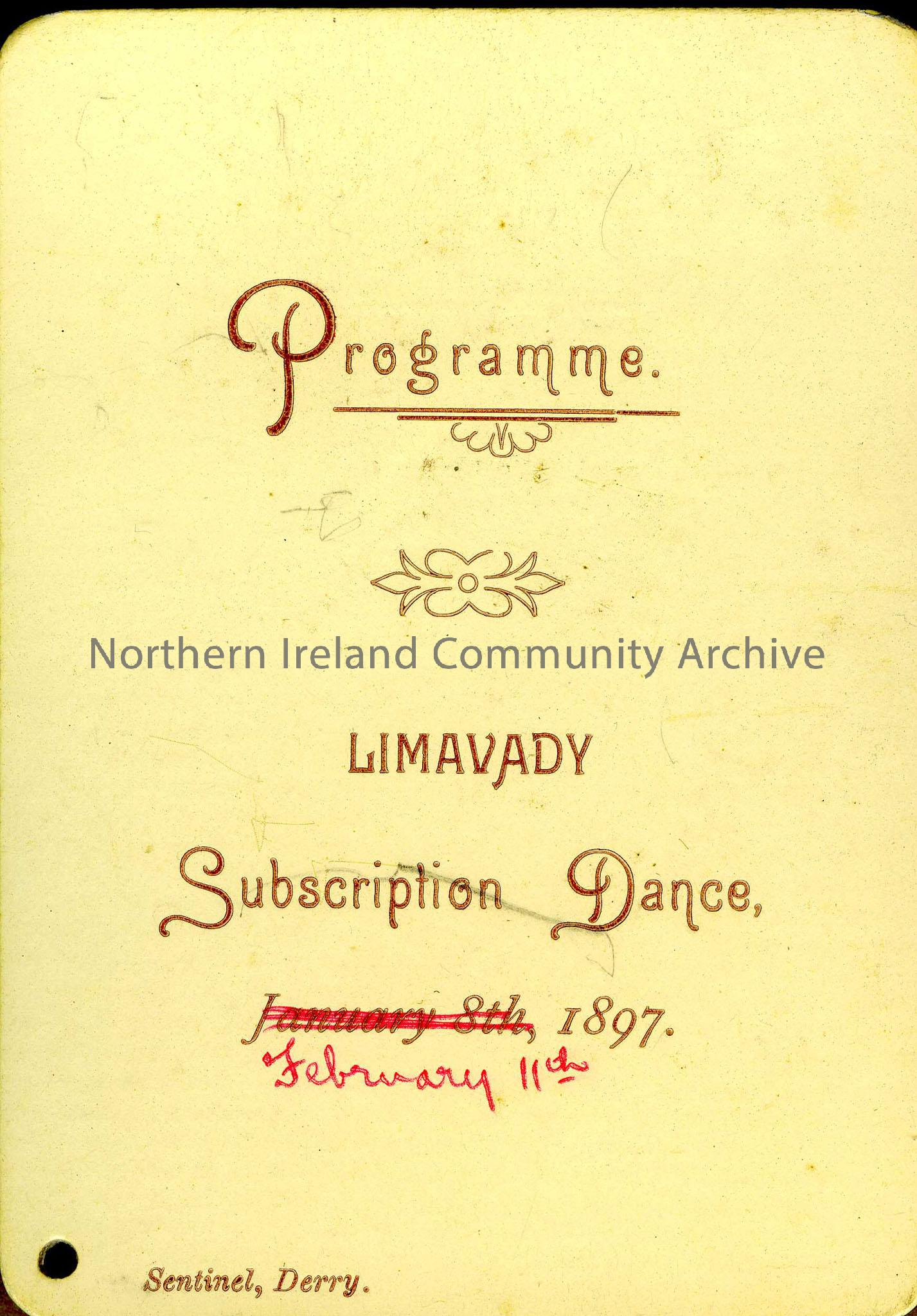 Dance card or programme. Limavady Subscription Dance, 11th February 1897.