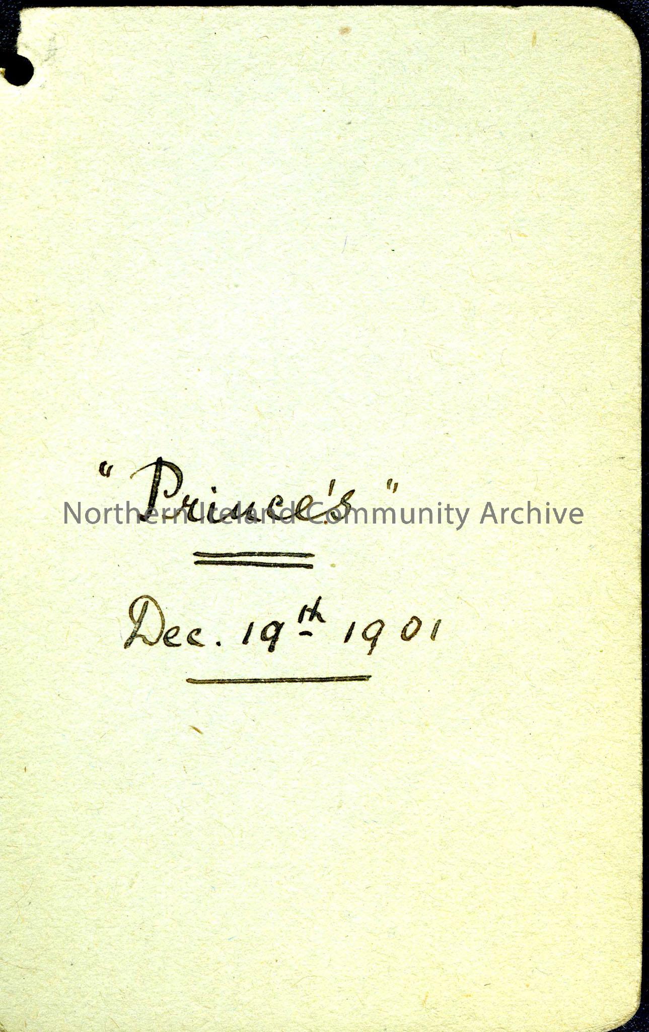 Dance card or programme. “Prince’s” 19th December 1901.
