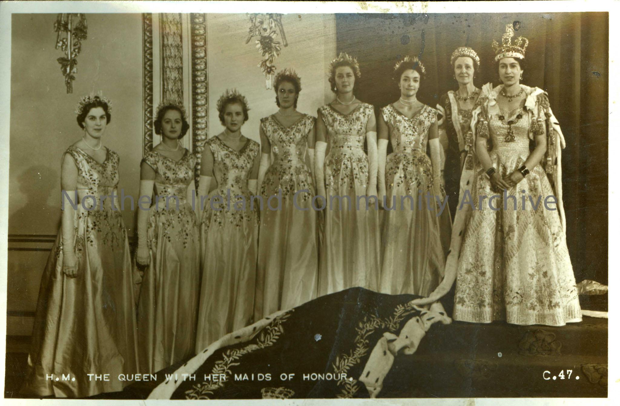 Valentine’s souvenir postcard of the Coronation of Queen Elizabeth II showing the Queen with her maids of Honour.
