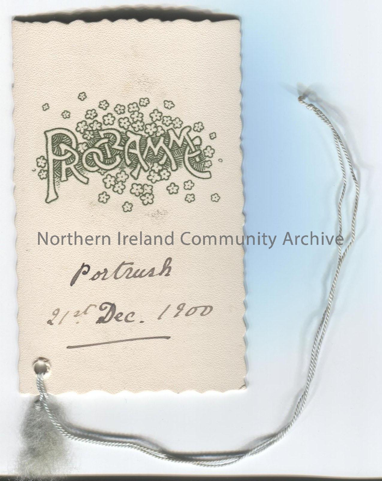 Dance card – Programme, Portrush, 21st Dec 1900. 20 dances listed on reverse. Green string attached.