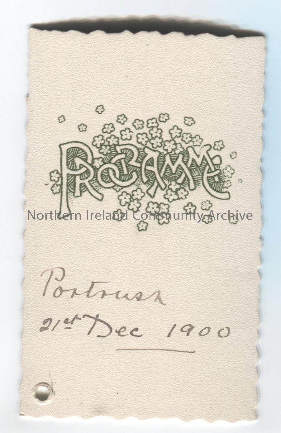 Dance card – Programme, Portrush, 21st Dec 1900. 20 dances listed on reverse.