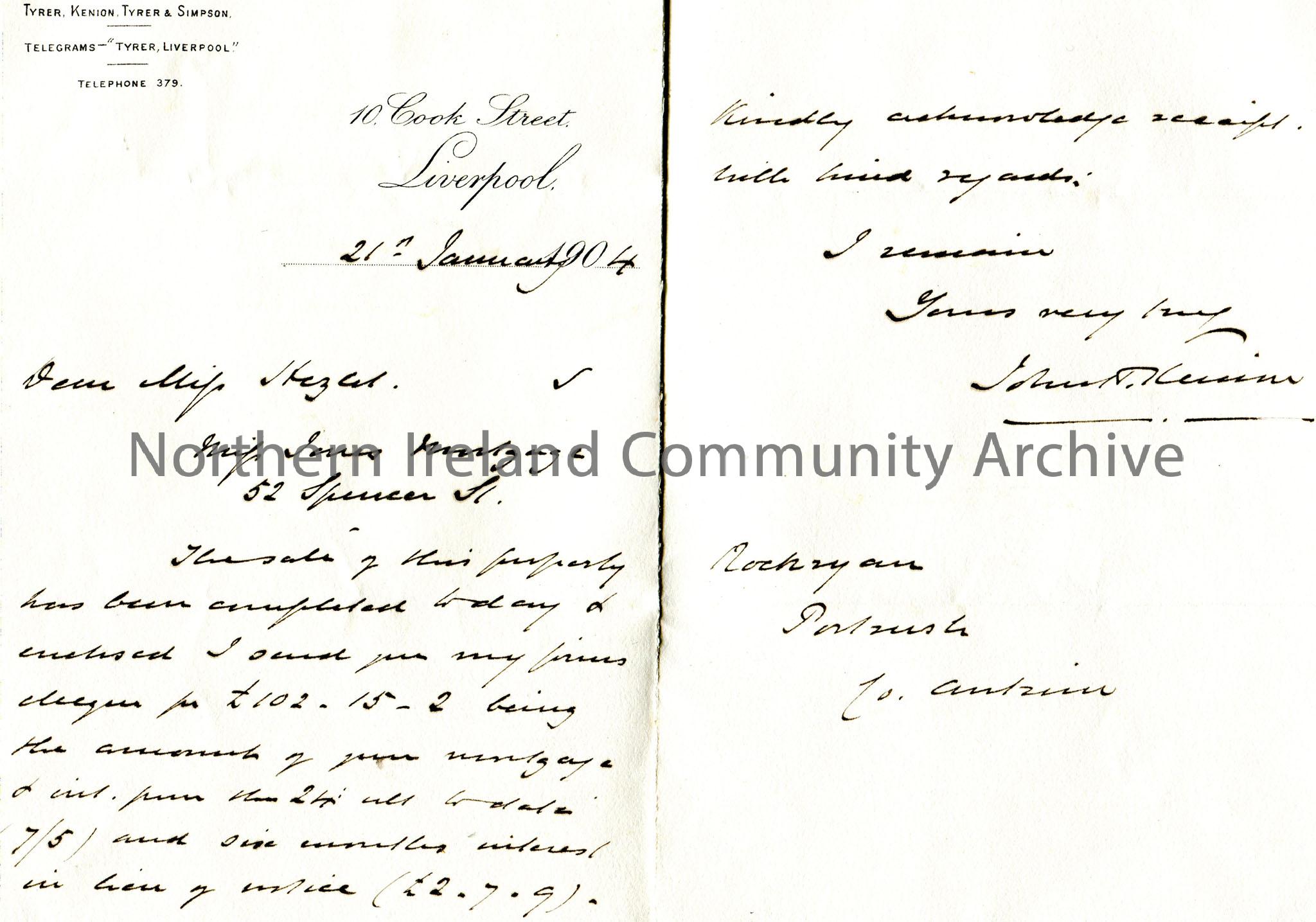 Handwritten letter to Miss Hezlet at Rockryan, Portrush, Co.Antrim re Miss Janes Mortgage, 52 Spencer Street. Writes that the property has been sold a…