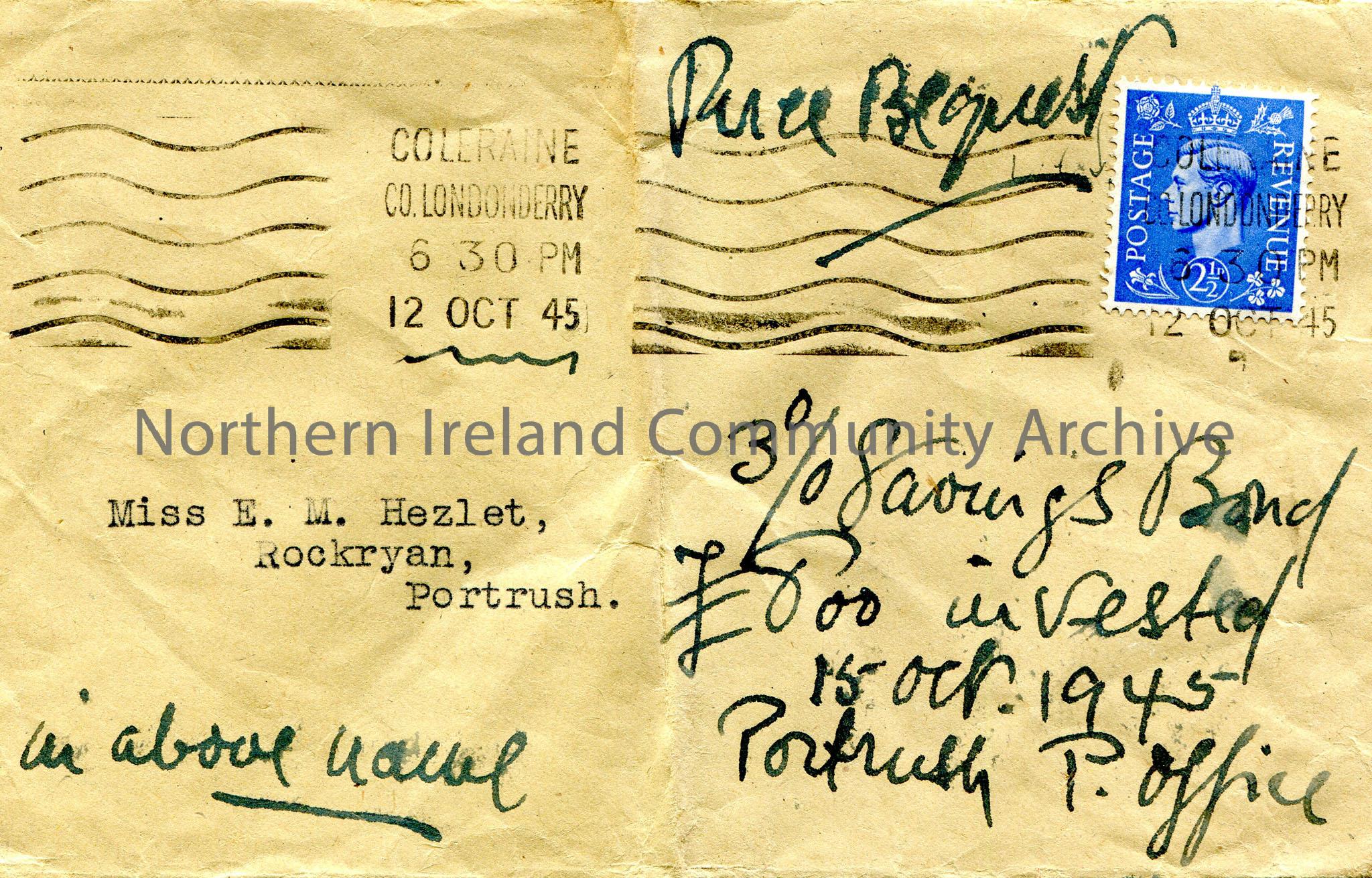 Brown envelope addressed to Miss E. M. Hezlet, Rockryan, Portrush. Stamped from Coleraine, Co. Londonderry, 6.30pm, 12th October, 1945. Blue postage s…