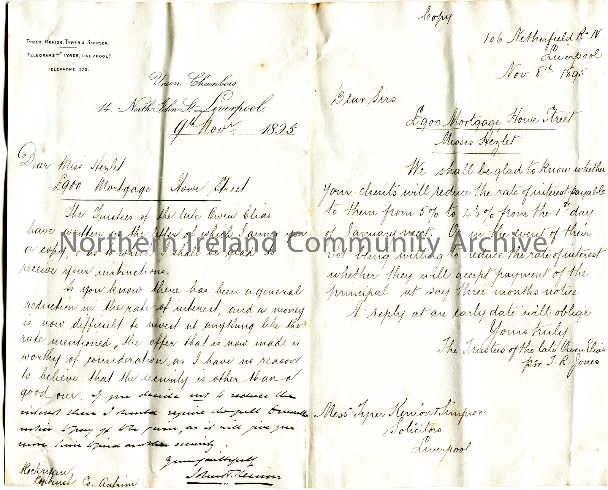 Handwritten letter to Miss Hezlet at Rockryan, Portrush, Co.Antrim. Re £900 Mortgage Howe Street? They are looking instruction from Miss Hezlet t…