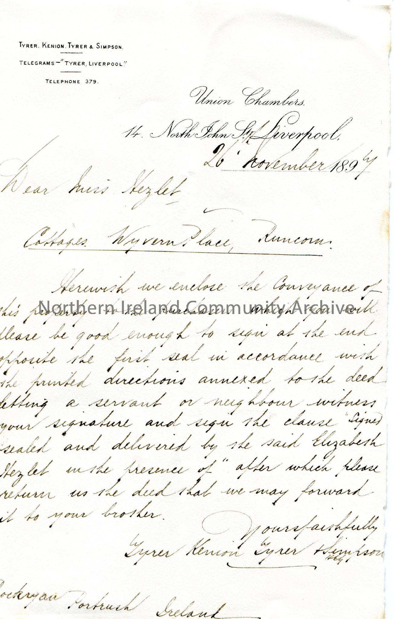 Handwritten letter to Miss Hezlet at Rockryan, Portrush, Ireland. Re Cottages Wyvern Place, Runcorn. A signature is required from Miss Hezlet to sign …