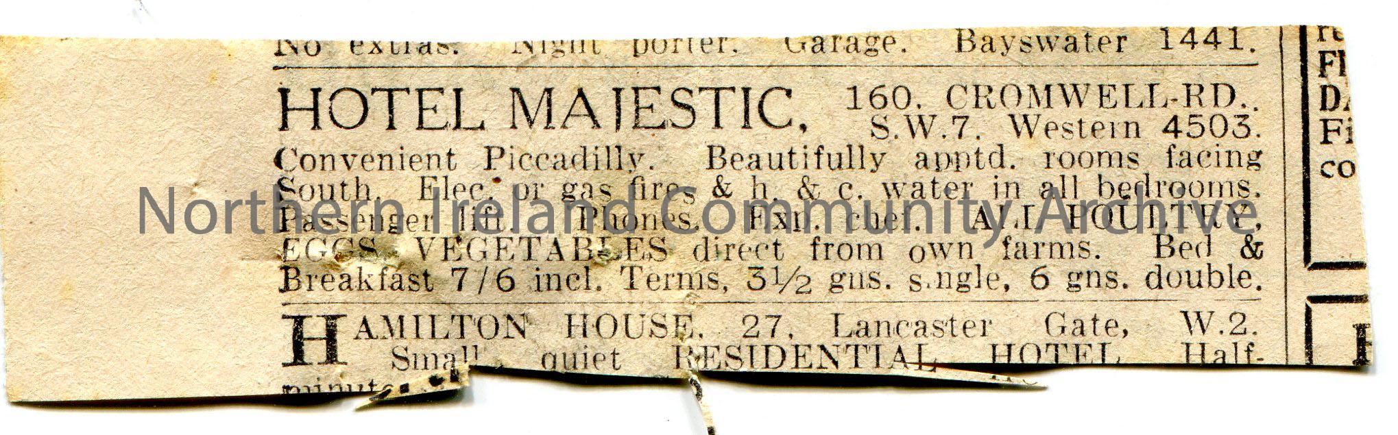 Advertisement cut out of newspaper for a hotel in London, Hotel Majestic, 160 Cromwell Road, S.W.7, near Piccadilly.
