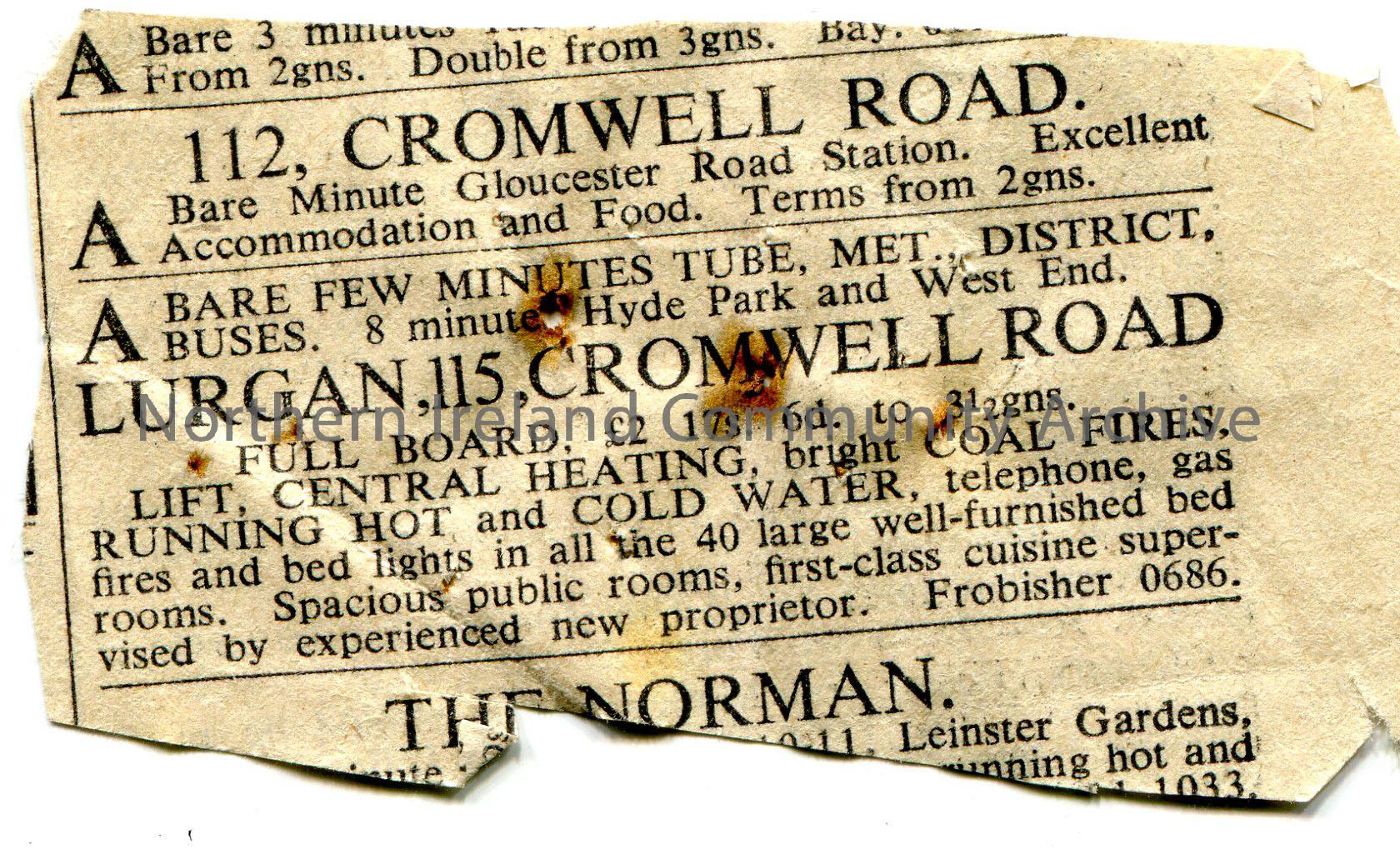 Advertisement cut out of newspaper for accommodation in London at 112 Cromwell Road, Lurgan and 115 Cromwell Road.