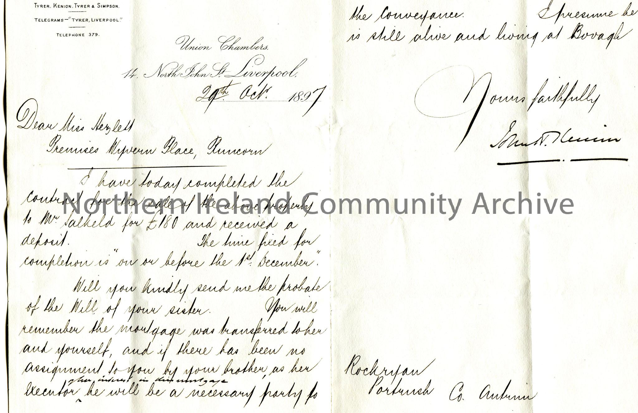 Handwritten letter to Miss Hezlet at Rockryan, Portrush, Co. Antrim re Premises Wyvern Place, Runcorn. The property has been sold to Mr Salkeld for &#…