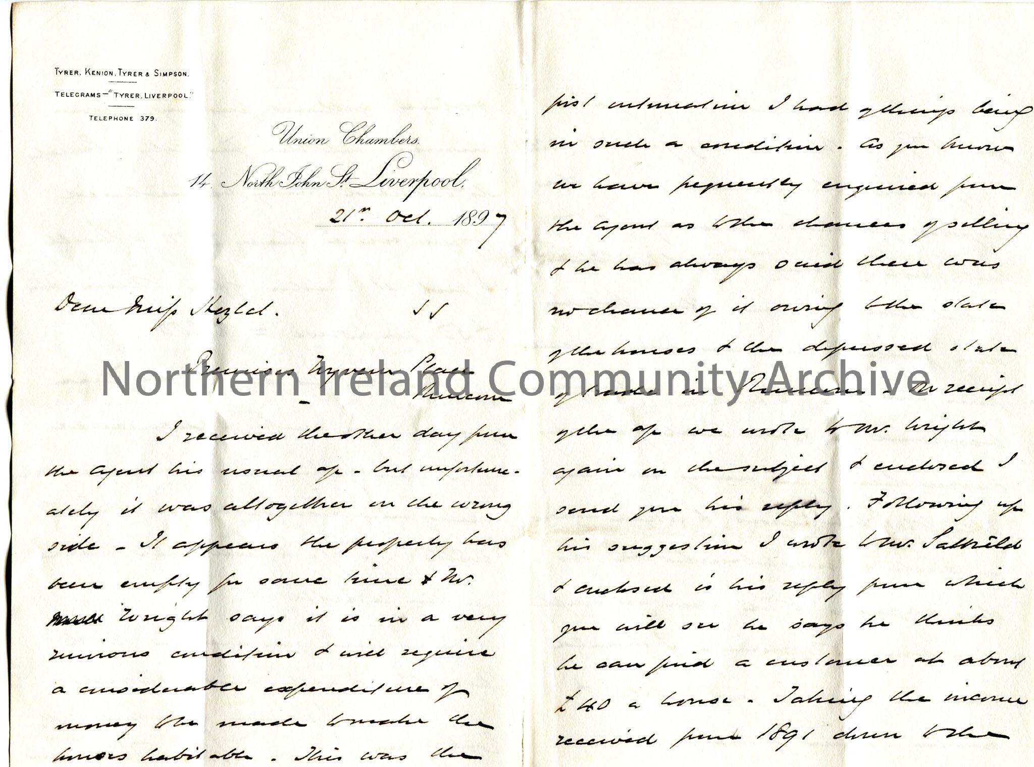 Handwritten letter, double sided, to Miss Hezlet at Rockryan, Portrush re Premises Wyvern Place, Runcorn. The houses are in poor condition and will ne…