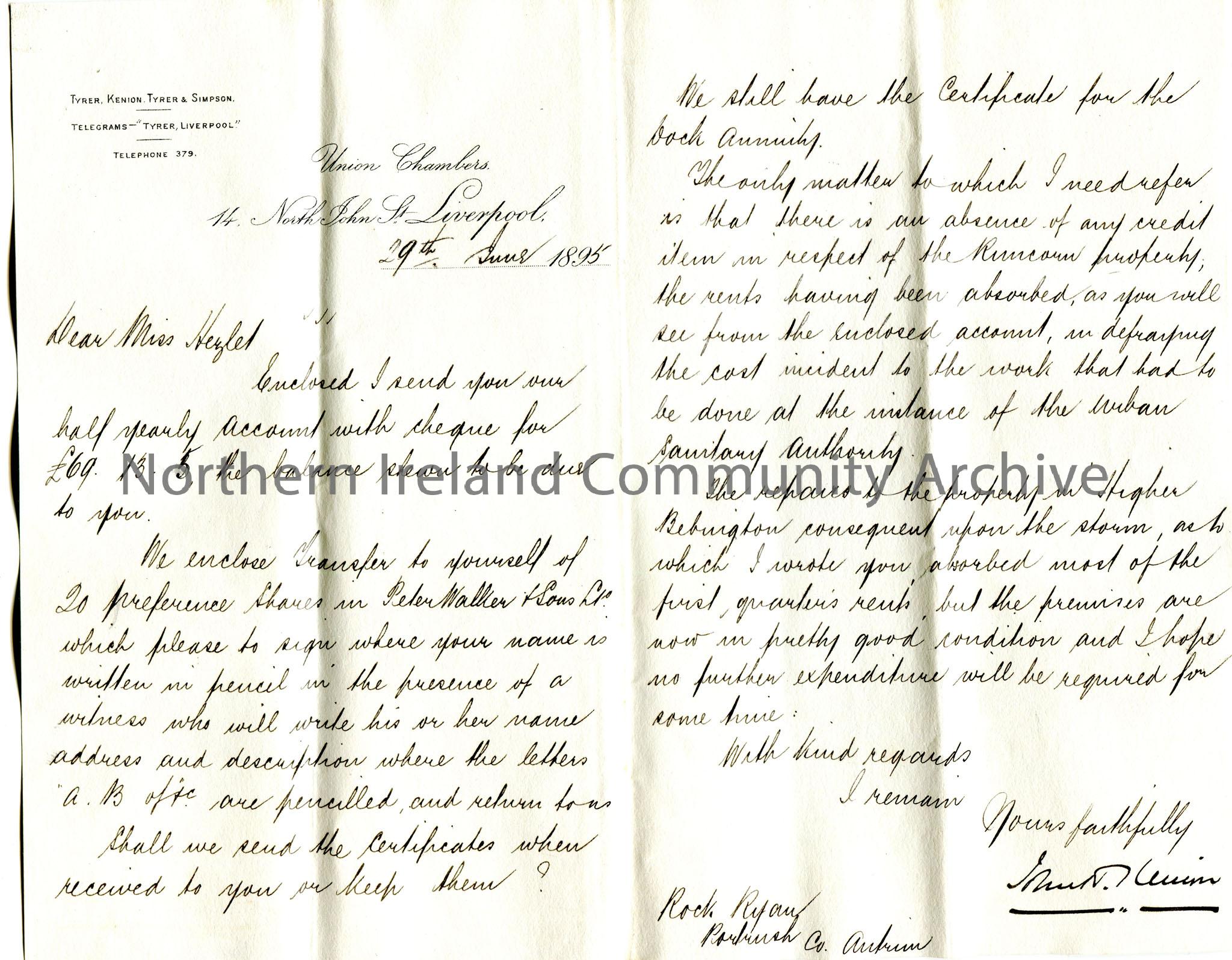Handwritten letter to Miss Hezlet at Rockryan, Portrush, Ireland. Enclosed half yearly account statement and cheque for £69.13.5. Asks Miss Hezle…