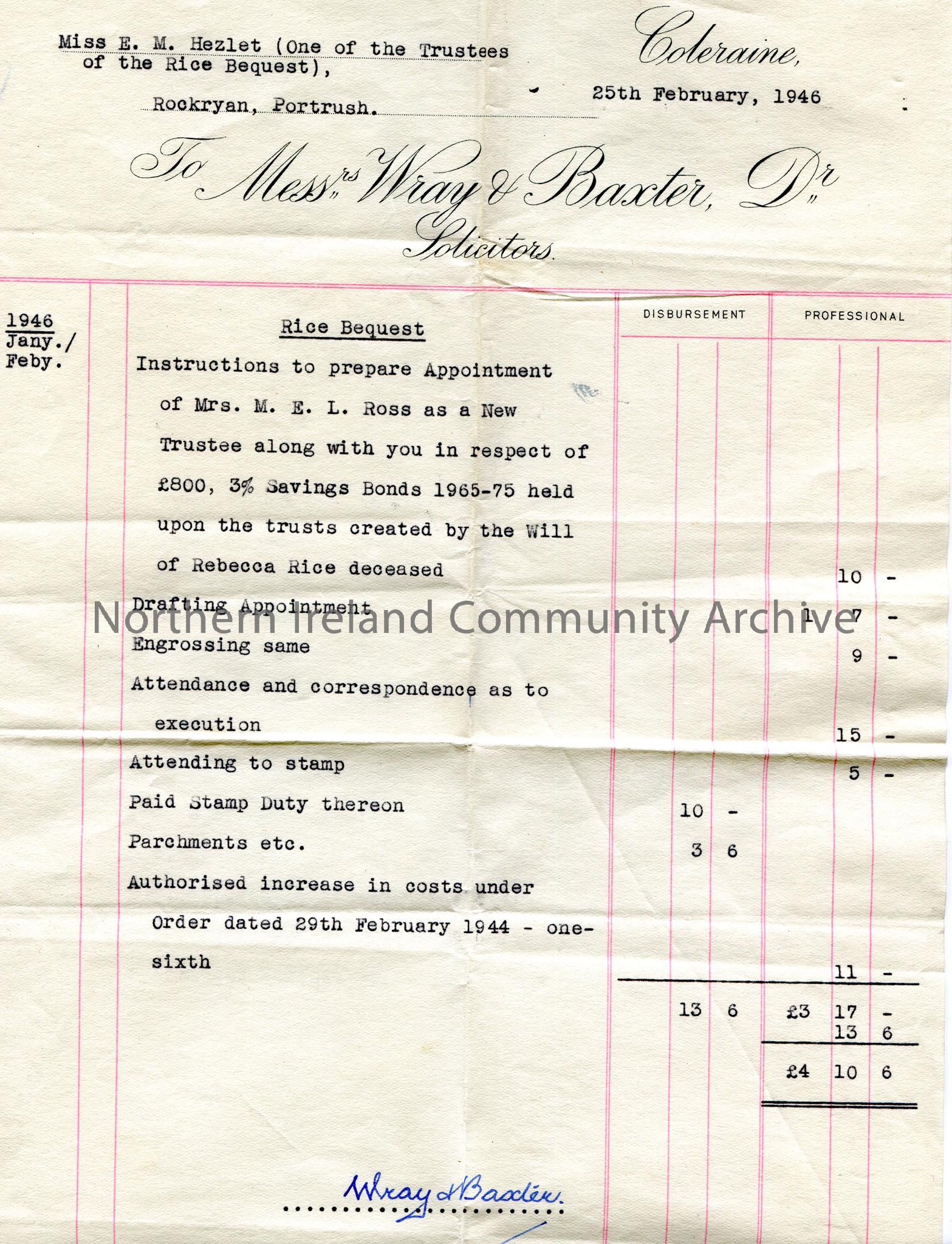 Invoice re Rice Bequest from Miss E. M. Hezlet. Dated 25th February, 1946 to Wray and Baxter Solicitors. ‘Cheque enclosed. Please send receipt’ handwr…