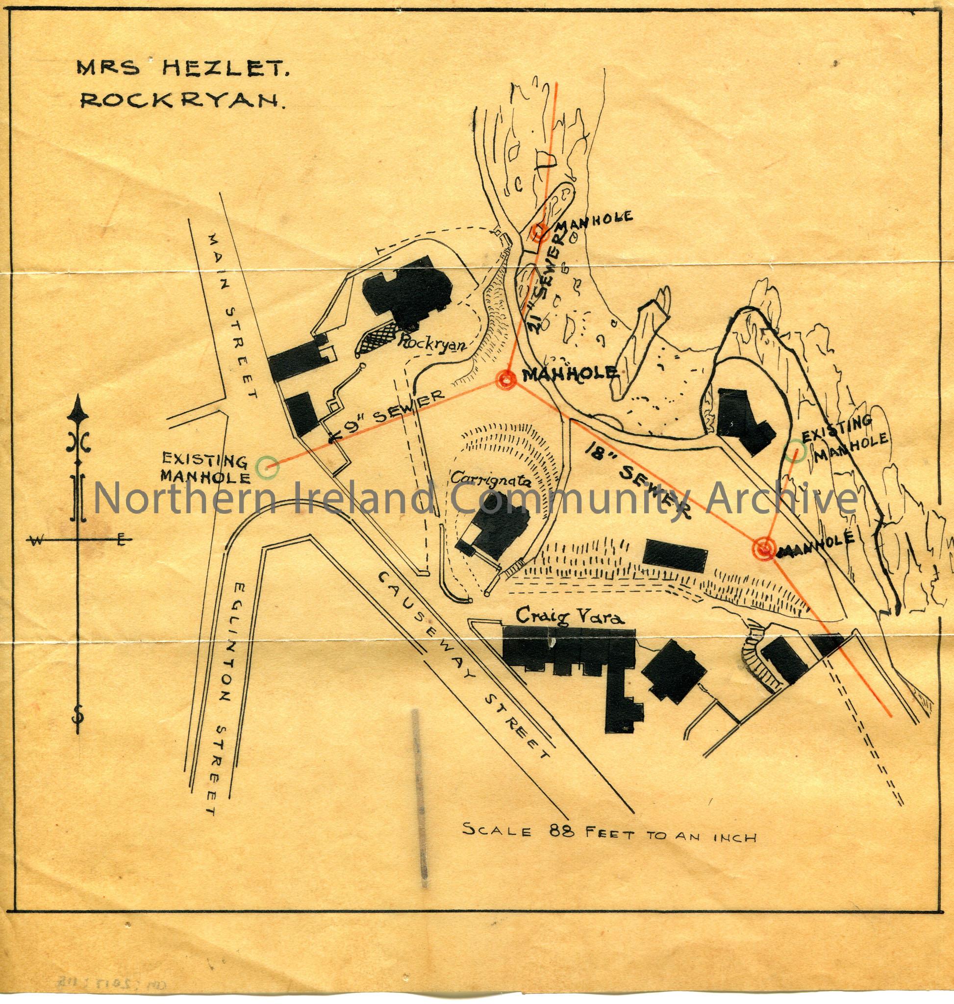 Illustration of a map detailing sewer and manhole locations in Portrush off Main Street and Causeway Street. Manholes are marked in red. Notes the loc…