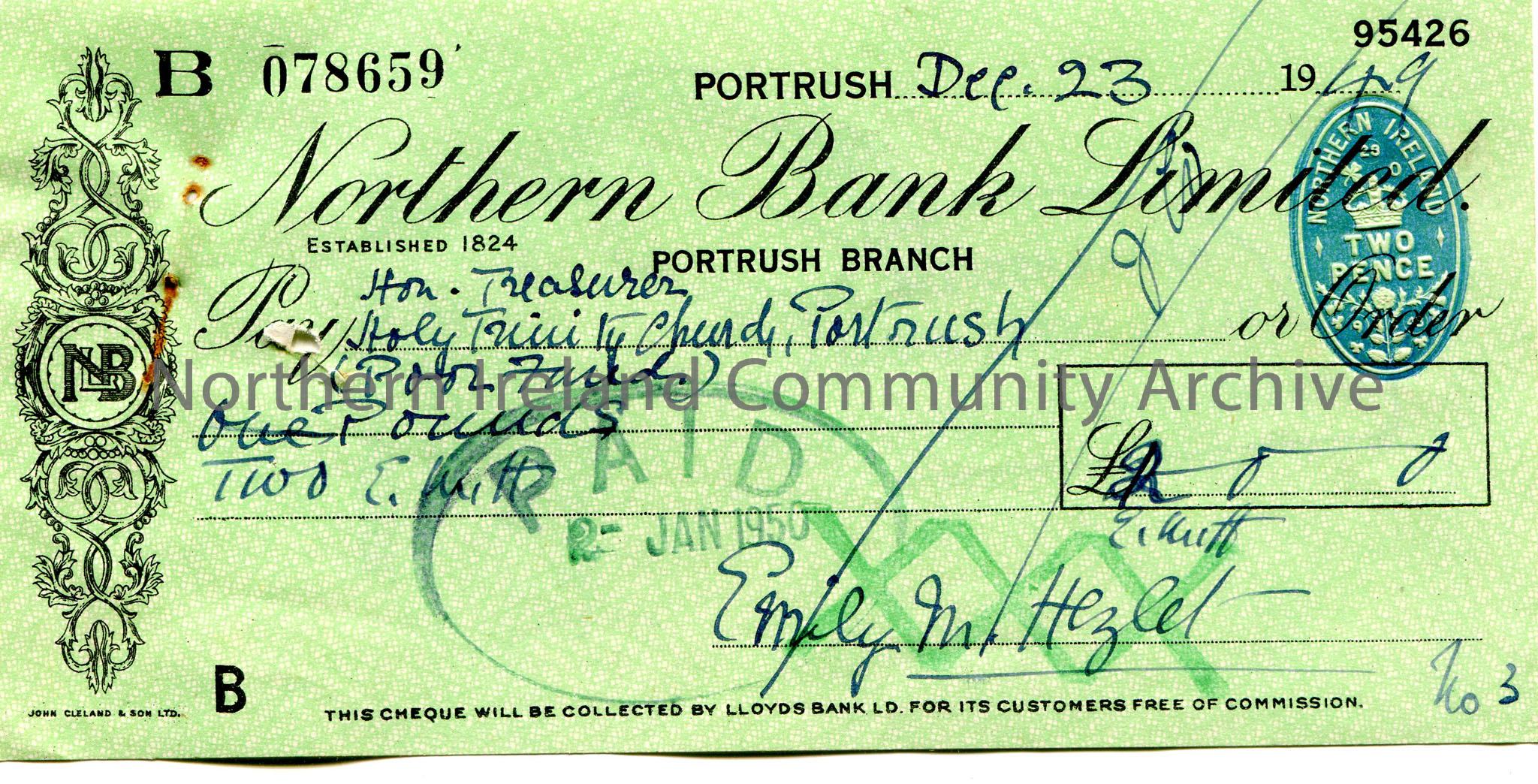 Handwritten cheque payable to Hon. Treasurer, Holy Trinity Church, Portrush. Cheque was originally for one pound but this has been scored out for two …