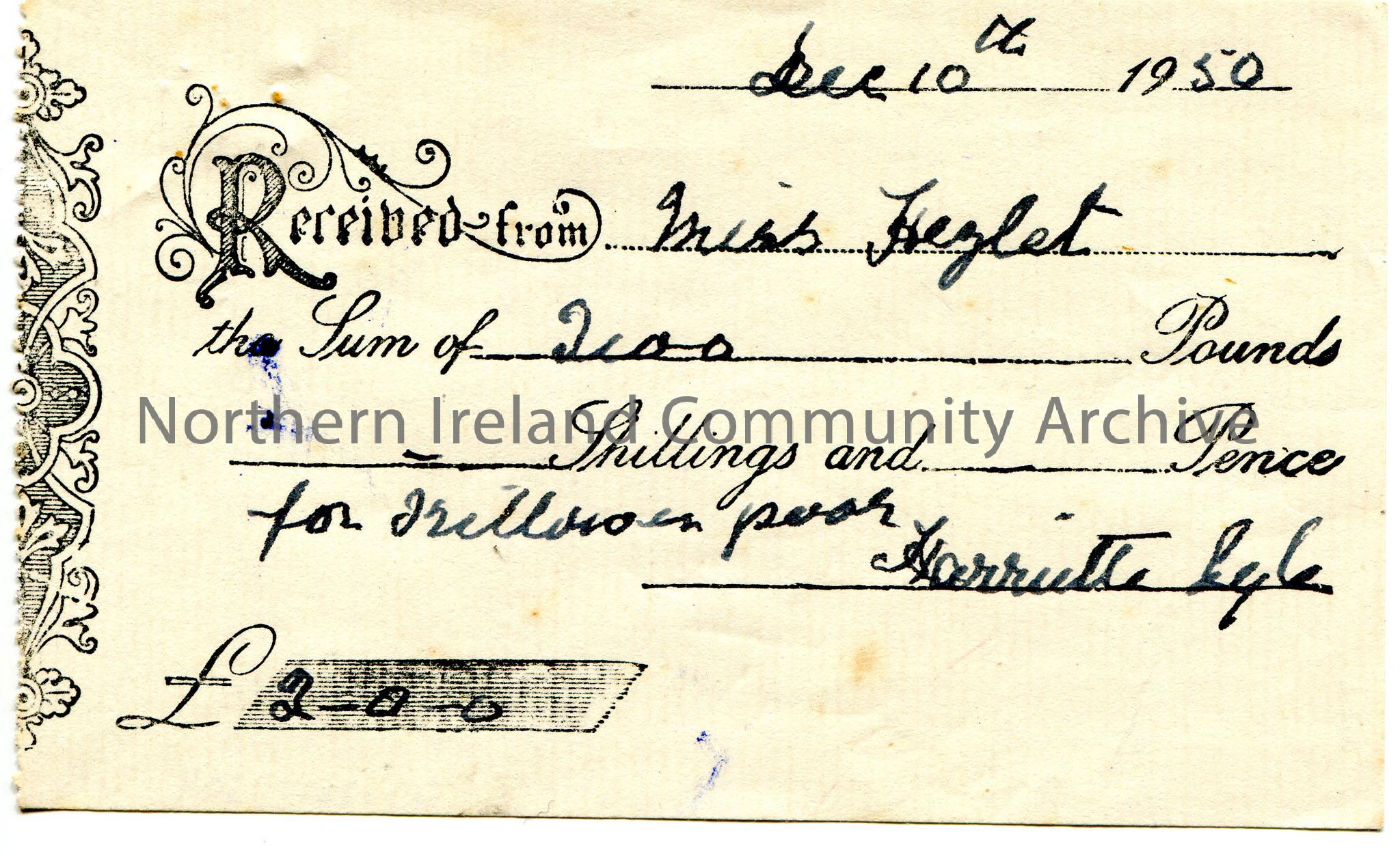 Handwritten receipt for Miss Hezlet for the sum of £2.0.0 from Harriette Lyle for Killowen poor. Dated 10th December, 1950.