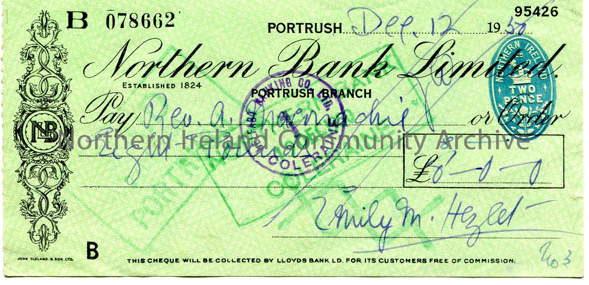 Northern Bank Limited, Portrush branch, cheque. Dated 12th December, 1950. Payable to Rev A. Macmachie from Emily M. Hezlet for £8.0.0. Scored ou…