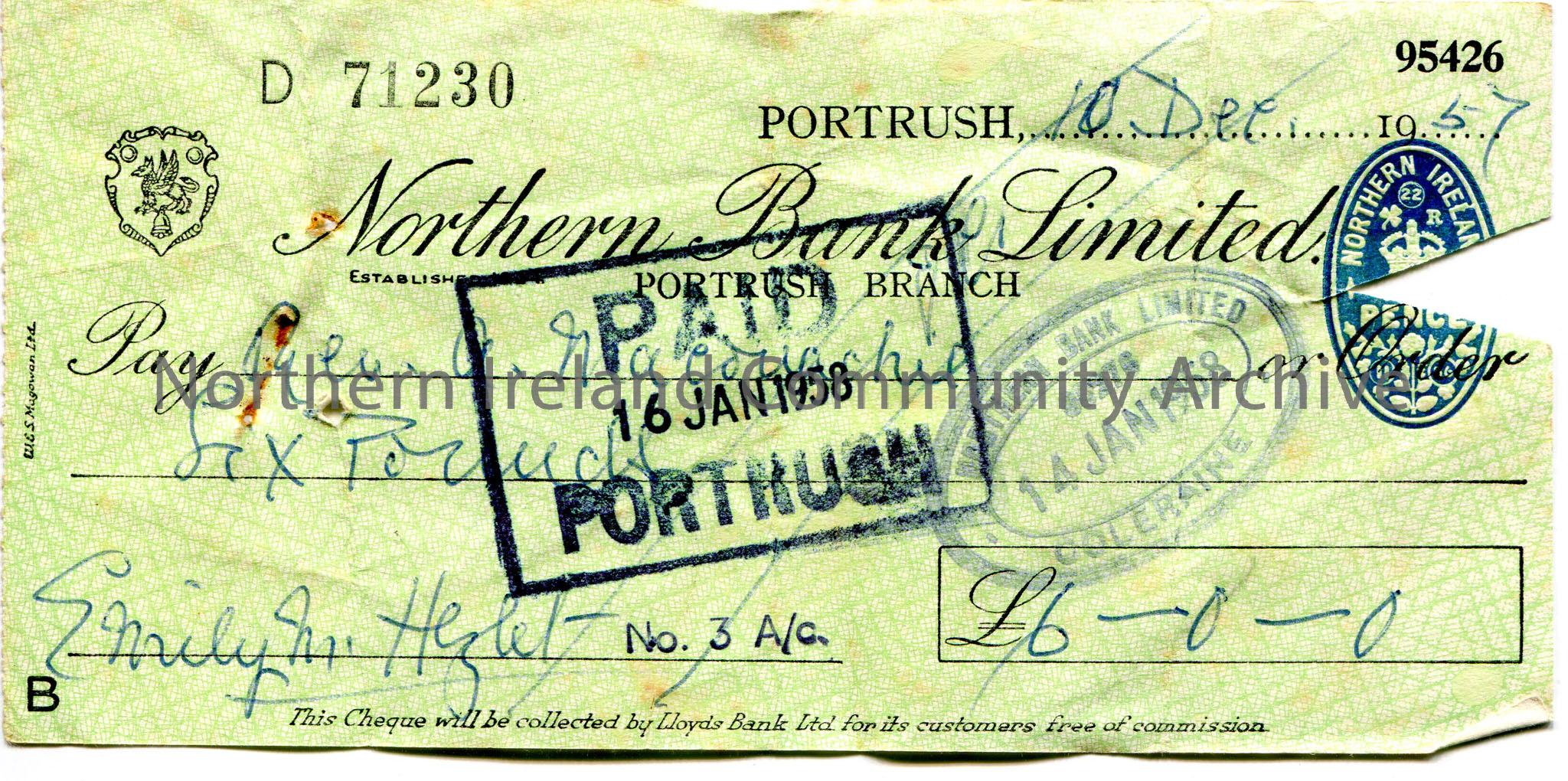 Northern Bank Limited, Portrush branch, cheque. Dated 10th December, 1957. Payable to Rev A. Maconachie from Emily M. Hezlet for £6.0.0. Scored o…