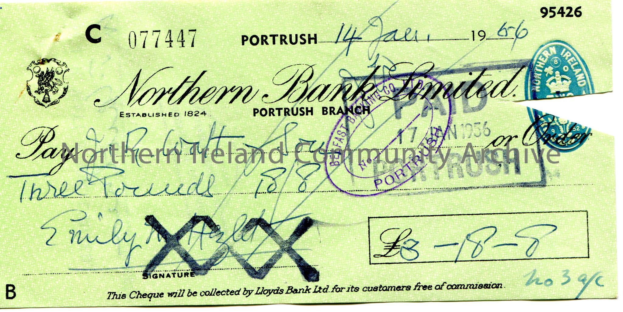 Northern Bank Limited, Portrush branch, cheque. Dated 14th January, 1956. Payable to J. R. Watt & Son from Emily M. Hezlet for £3.18.8. Scored ou…