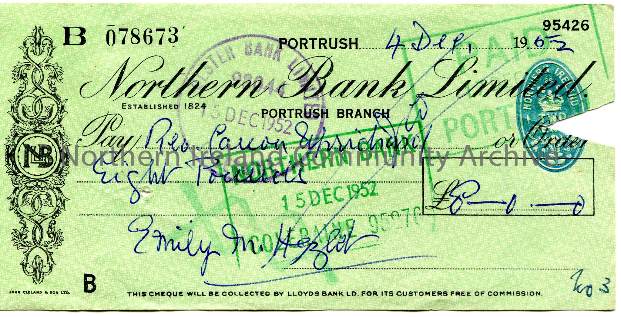 Northern Bank Limited, Portrush branch, cheque. Dated 4th December, 1952. Payable to Rev Canon Uprichard from Emily M. Hezlet for £8.0.0. Scored …