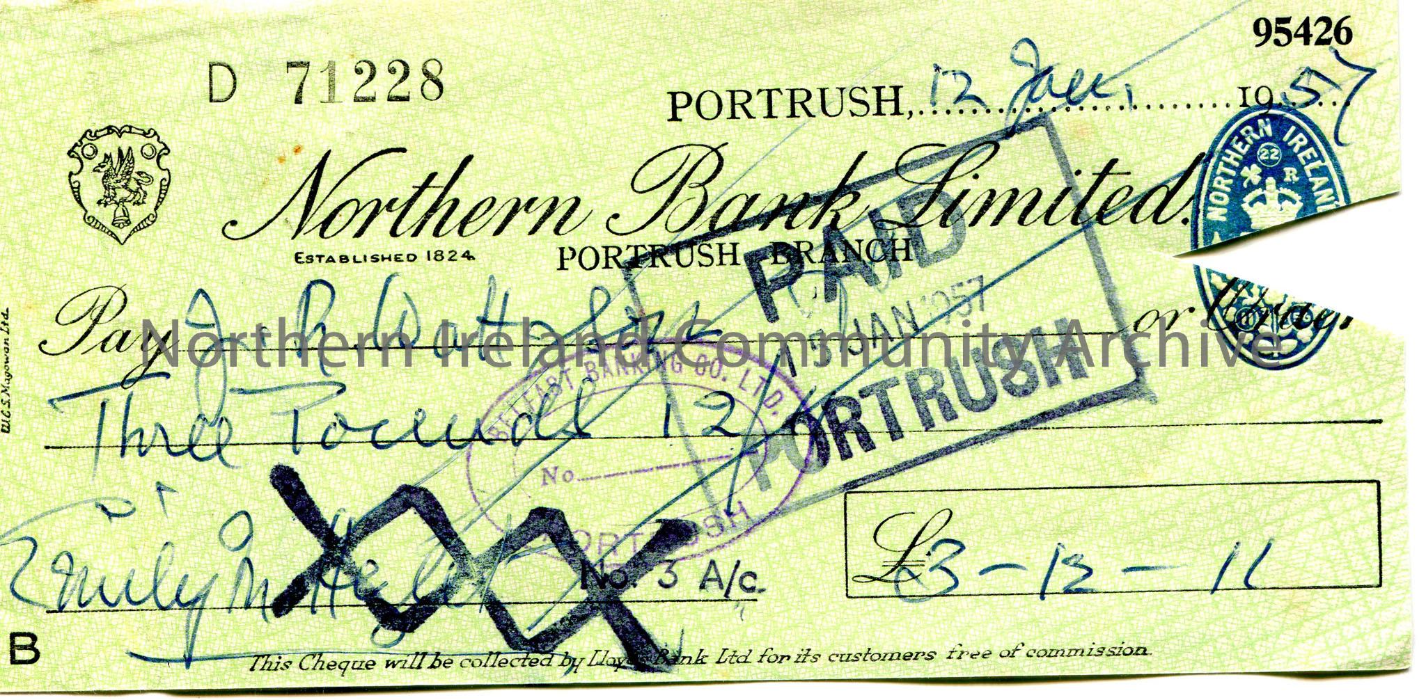 Handwritten Northern Bank Limited, Portrush branch cheque, no 71228. Payable to J. R. Watt & Son from Emily M. Hezlet for £3.12.11. Dated 12th Ja…