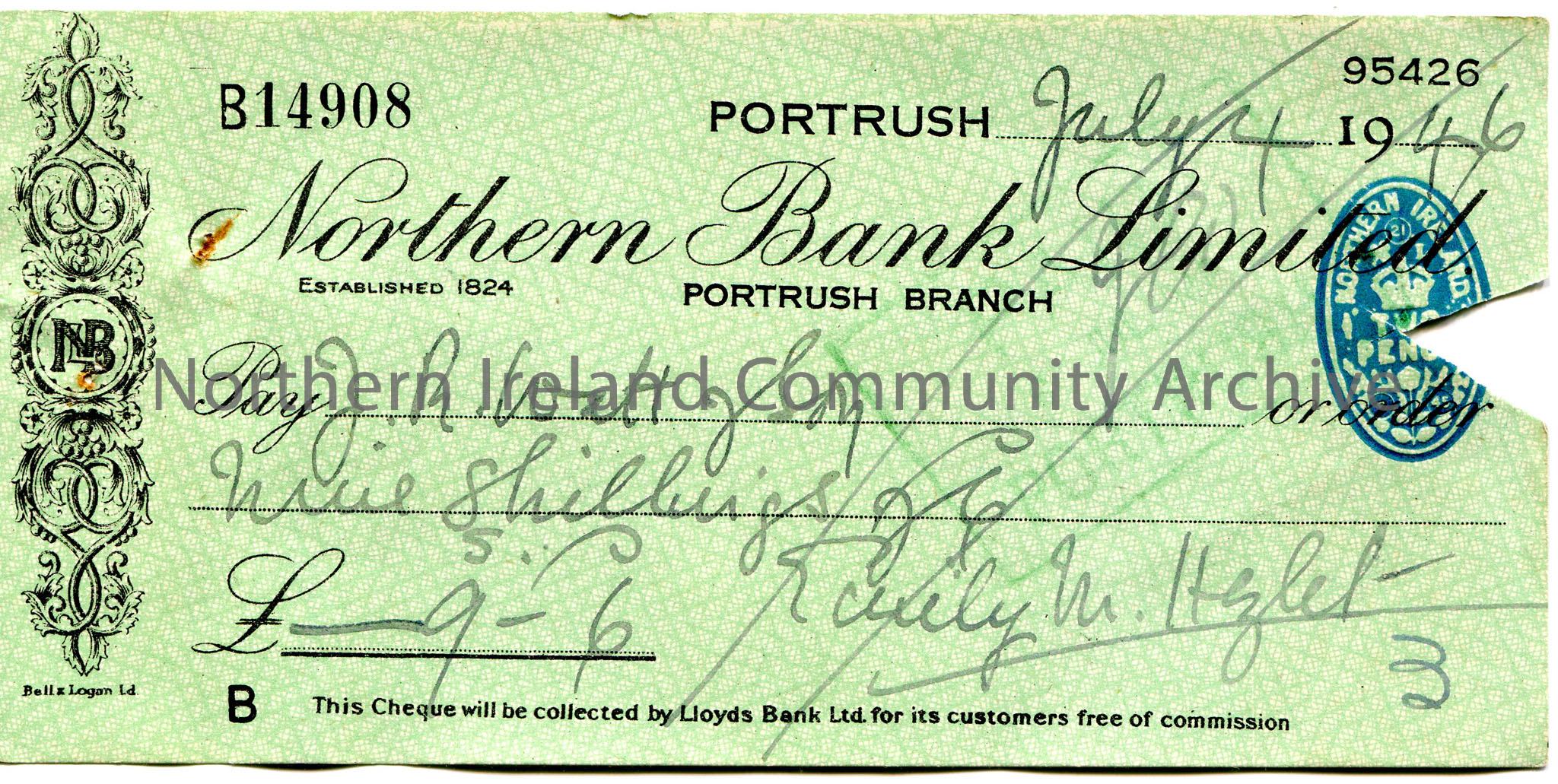Handwritten Northern Bank Limited, Portrush branch cheque, no B14908. Payable to J. R. Watt & Son from Emily M. Hezlet for £0.9.6. Dated 4th July…