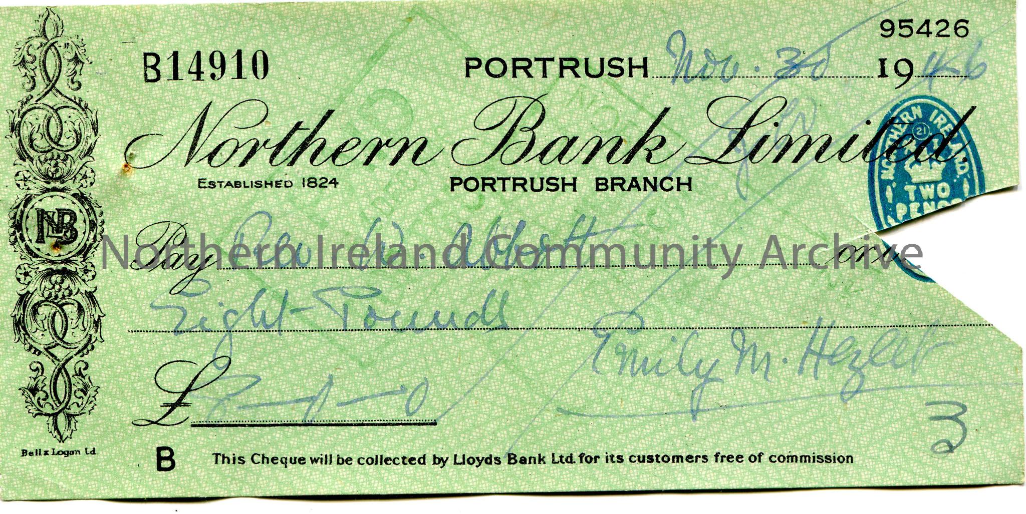 Handwritten Northern Bank Limited, Portrush branch cheque, no B14910. Payable to Rev W Abbott from Emily M. Hezlet for £8.0.0. Dated 3rd November…