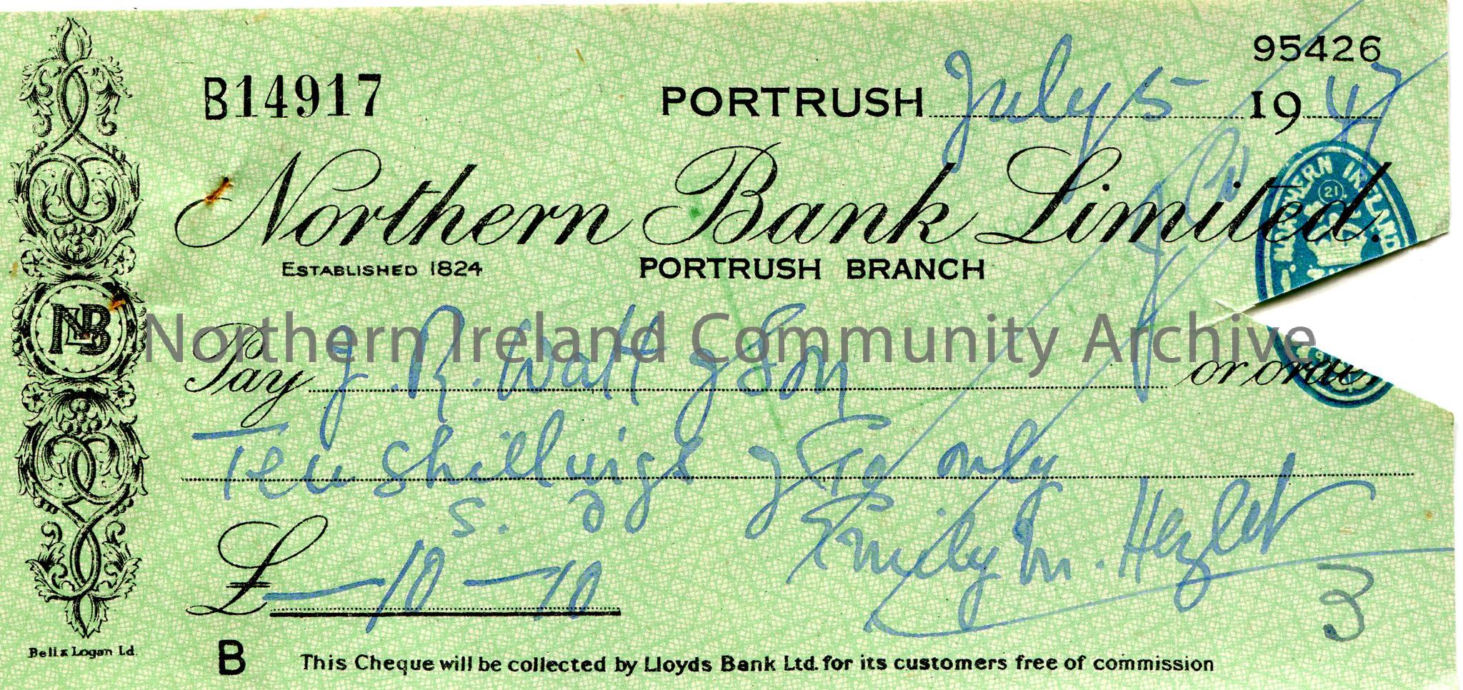 Handwritten Northern Bank Limited, Portrush branch cheque, no B14917. Payable to J. R. Watt & Son from Emily M. Hezlet for £0.10.10. Dated 5th Ju…