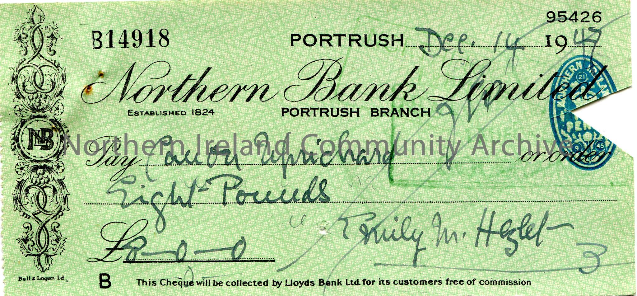 Handwritten Northern Bank Limited, Portrush branch cheque, no B14918. Payable to Canon Uprichard from Emily M. Hezlet for £8.0.0. Dated 14th Dece…
