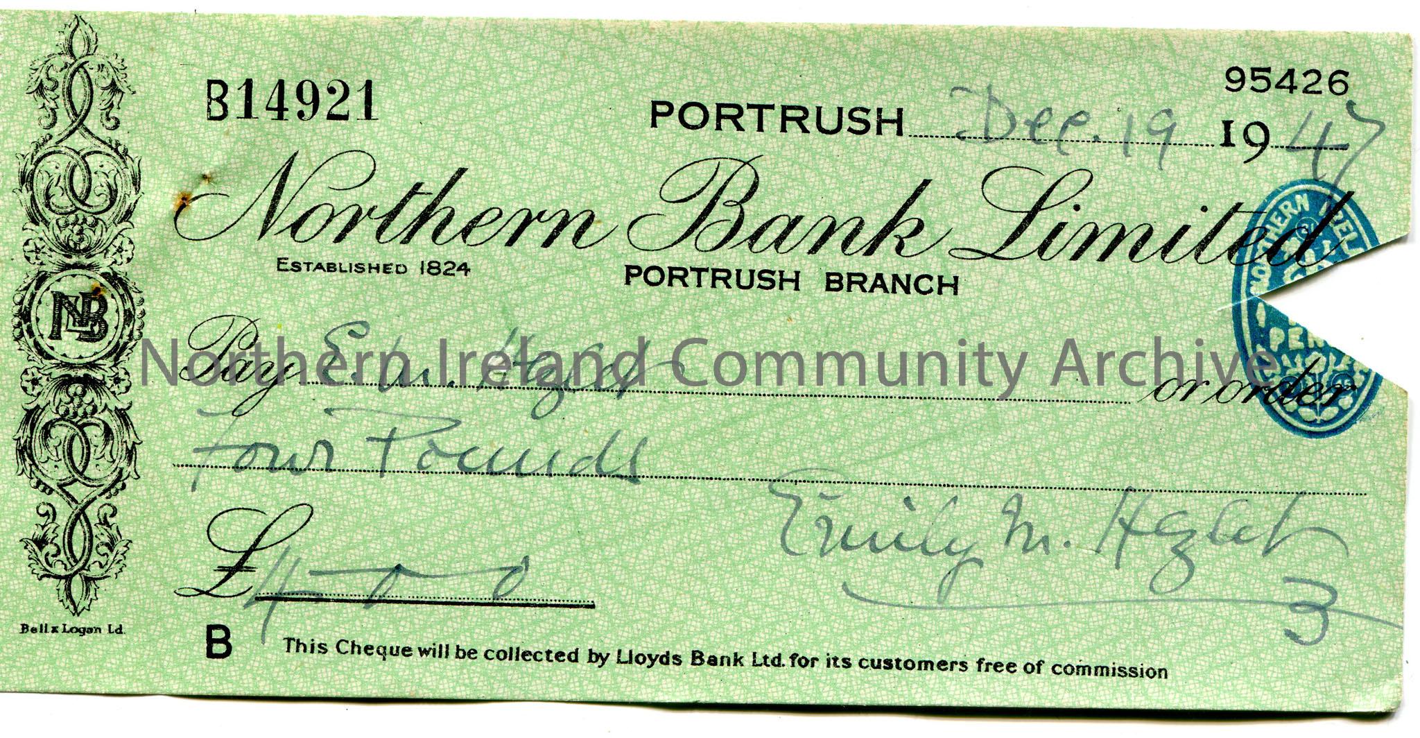 Handwritten Northern Bank Limited, Portrush branch cheque, no B14921. Payable to E. M. Hezlet from Emily M. Hezlet for £4.0.0. Dated 19th Decembe…