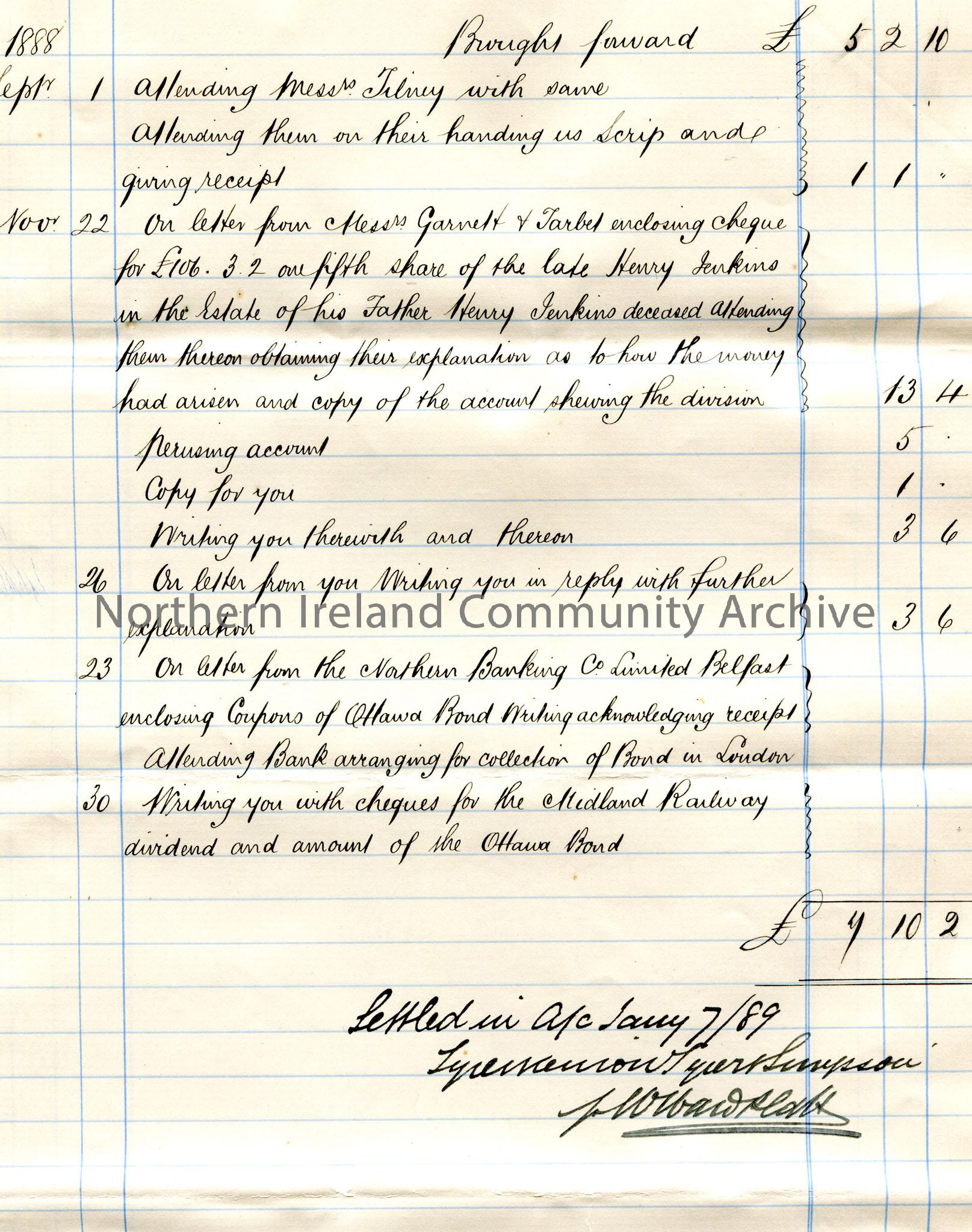 Page 3 of 4 of handwritten bill to Misses Hezlet. Details of costs for services re Foster’s Mortgage and General. Dated from 24th July 1886 – 30th Nov…