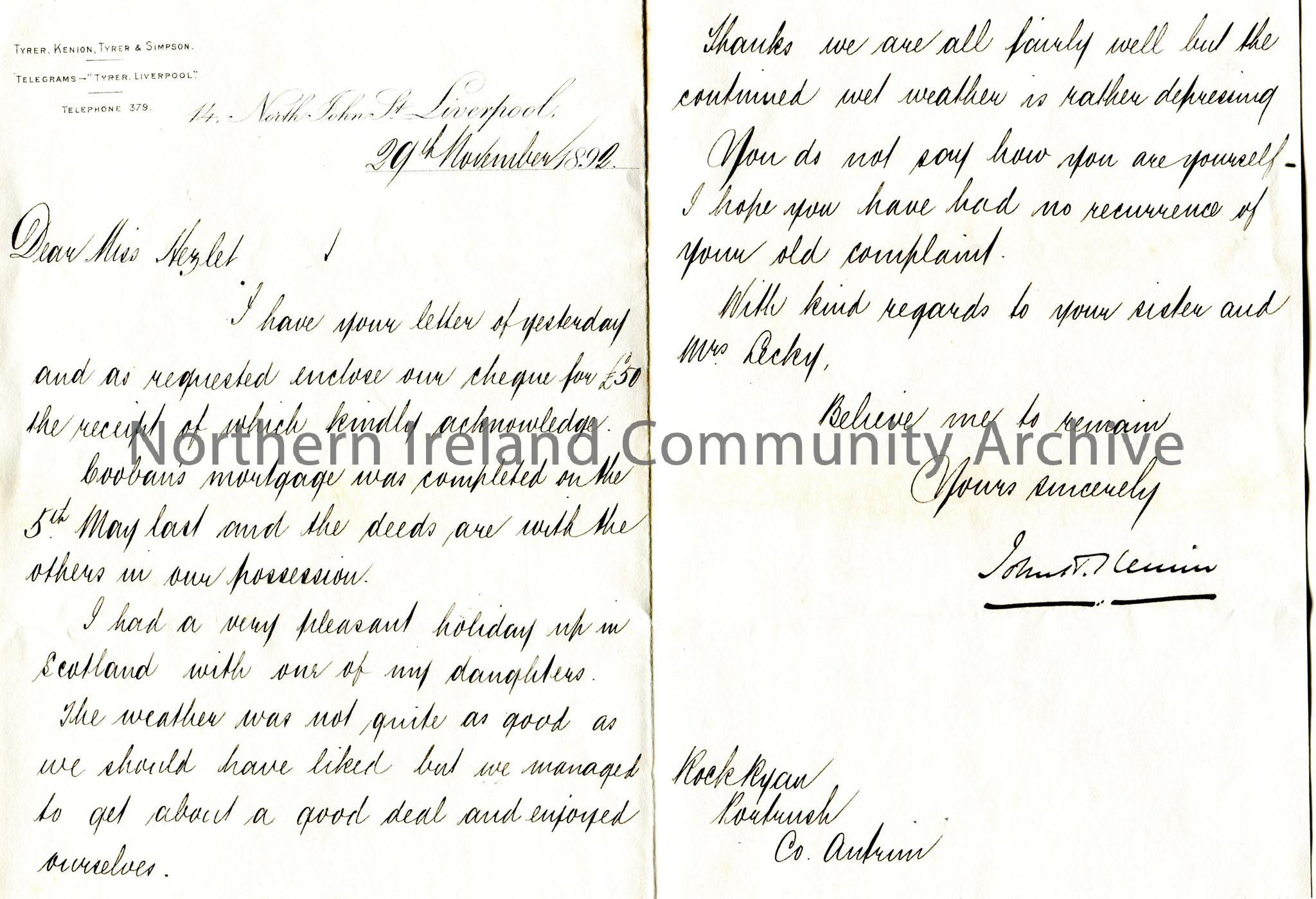 Handwritten letter to Miss Hezlet at Rockryan, Portrush, Co.Antrim. Encloses cheque for £50. Cooban’s mortgage was complete on 5th May. Refers to…