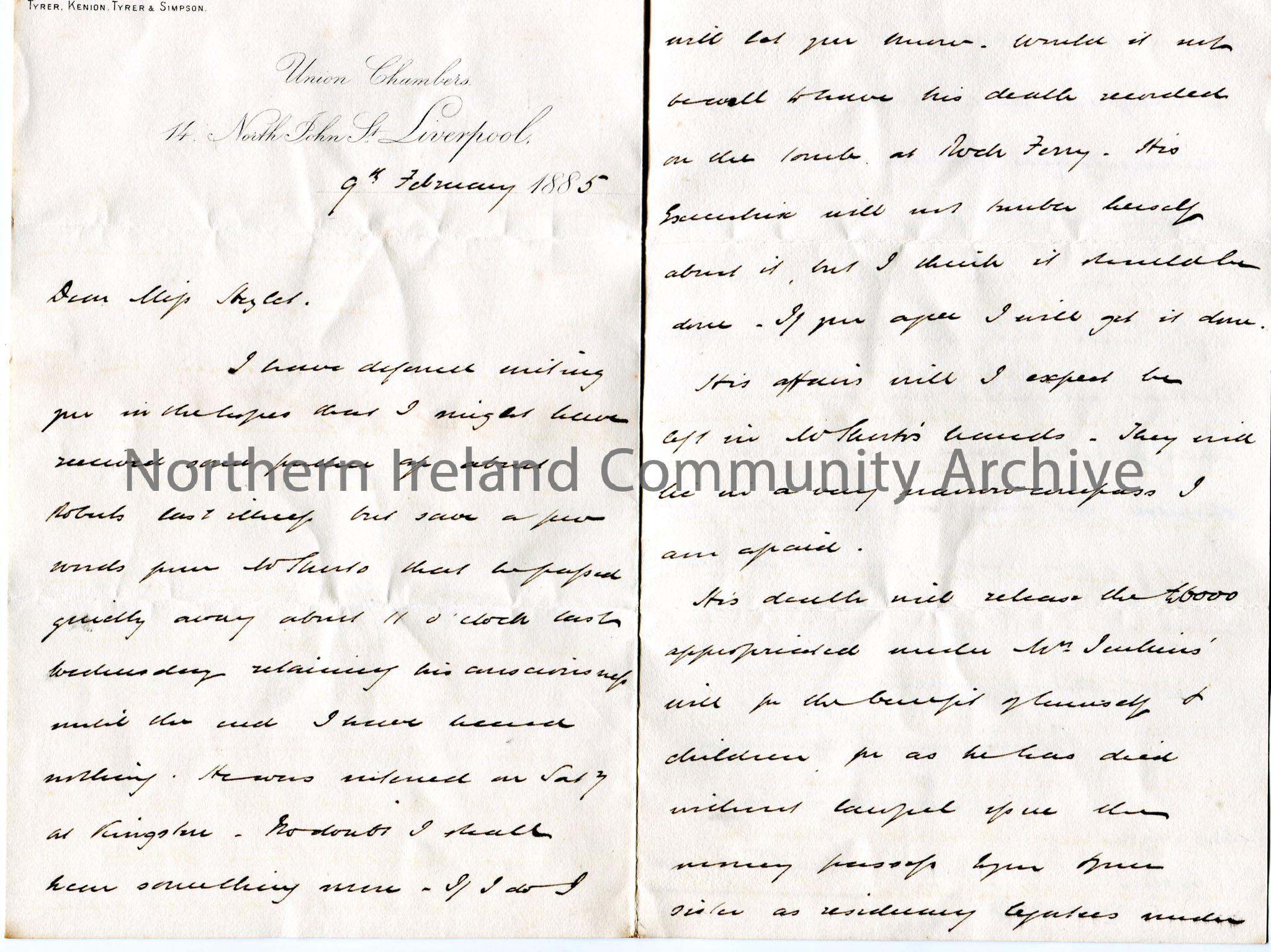 Handwritten letter to Miss Hezlet at Bovagh, Aghadowey, Co. Derry. Writing re the death of Roberts.