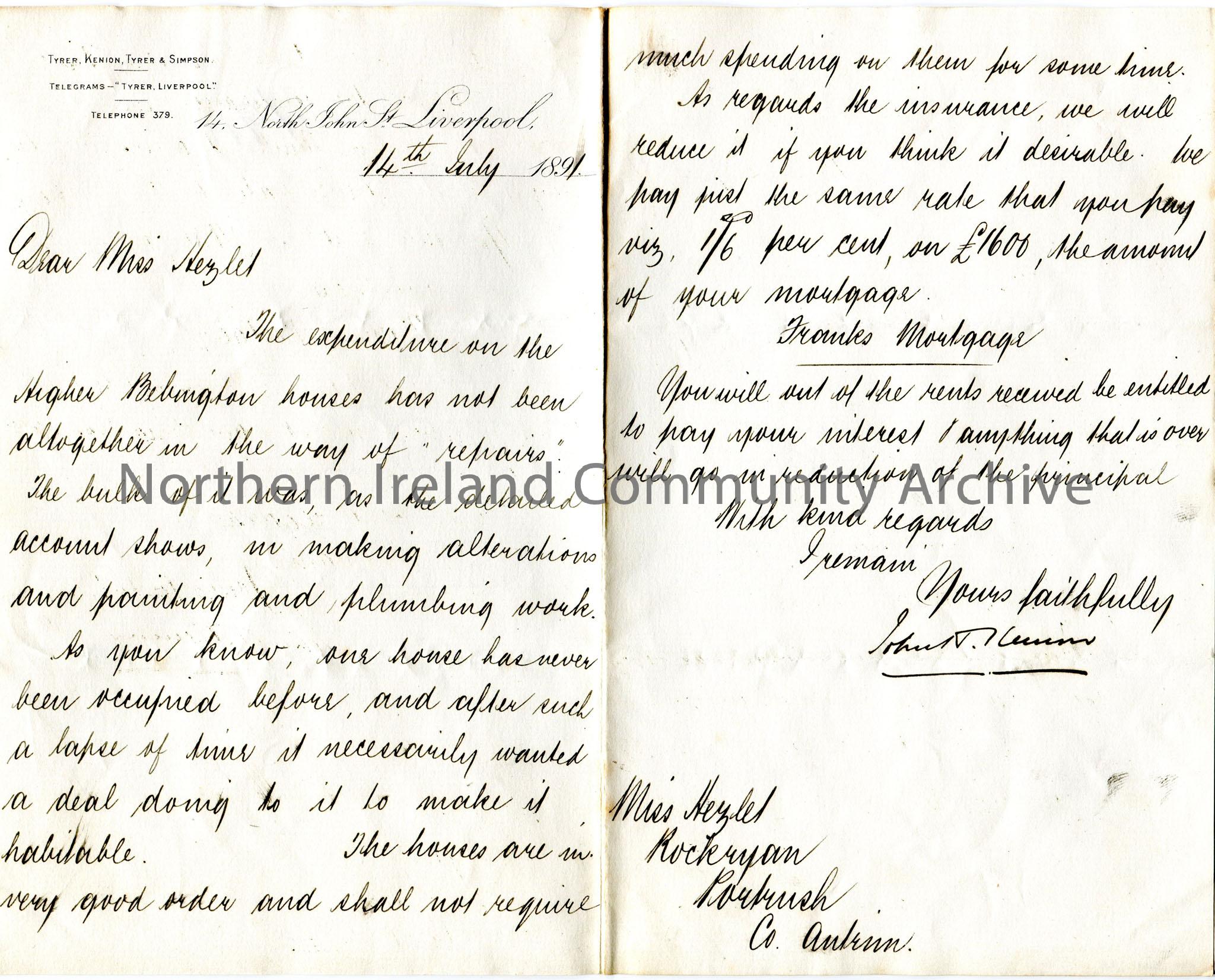 Handwritten letter to Miss Hezlet at Rock Ryan, Portrush, Co.Antrim. Writing re expenditures for alterations, painting and plumbing work and insurance…