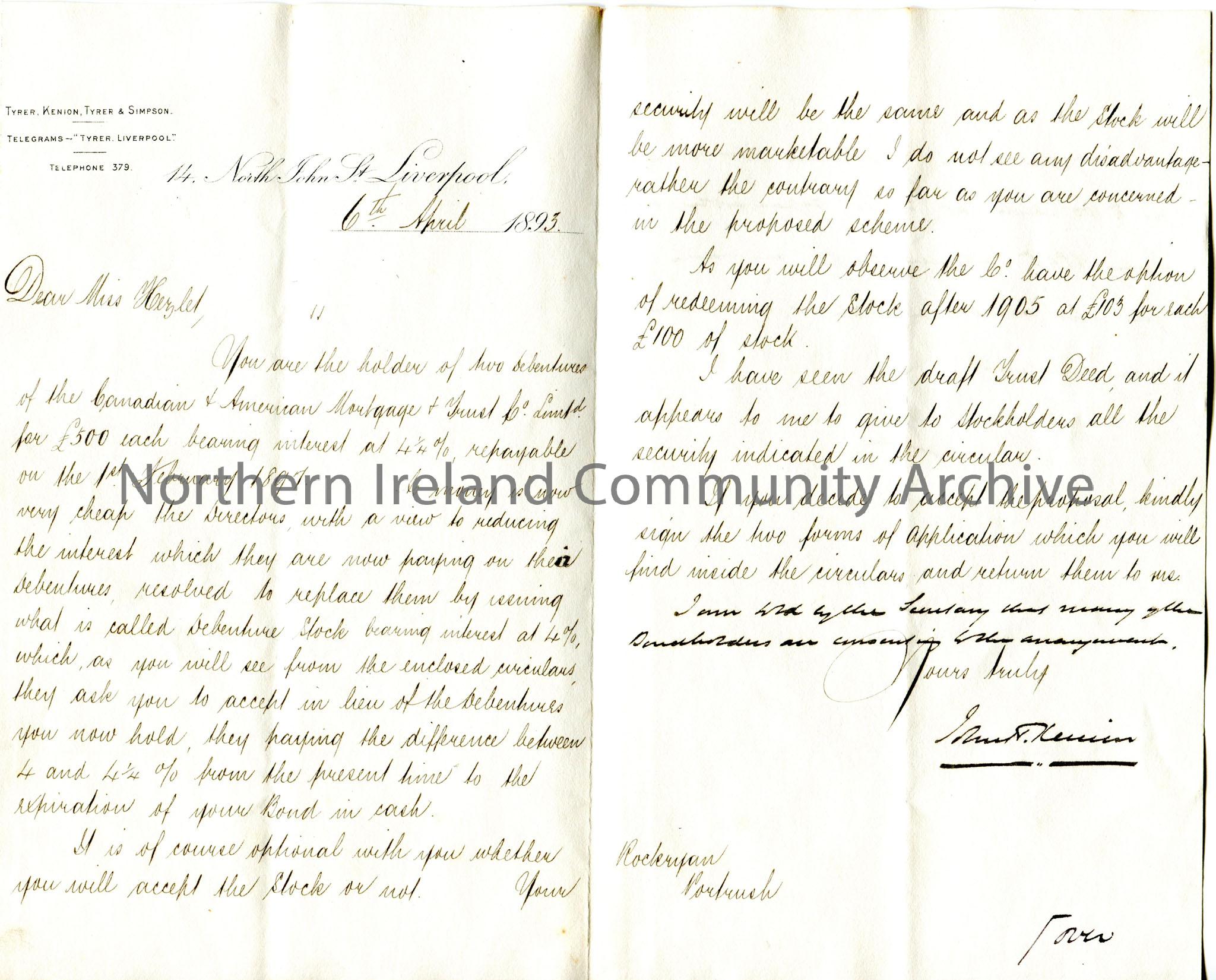 Handwritten letter to Miss Hezlet at Rockryan, Portrush. Writing re two debentures of the Canadian and American Mortgage and Trust Company Limited for…