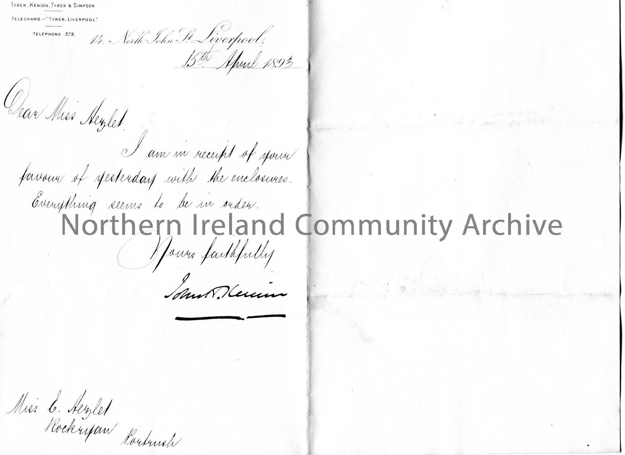 Handwritten letter to Miss E. Hezlet at Rockryan, Portrush. Acknowledges enclosures sent from Miss Hezlet.