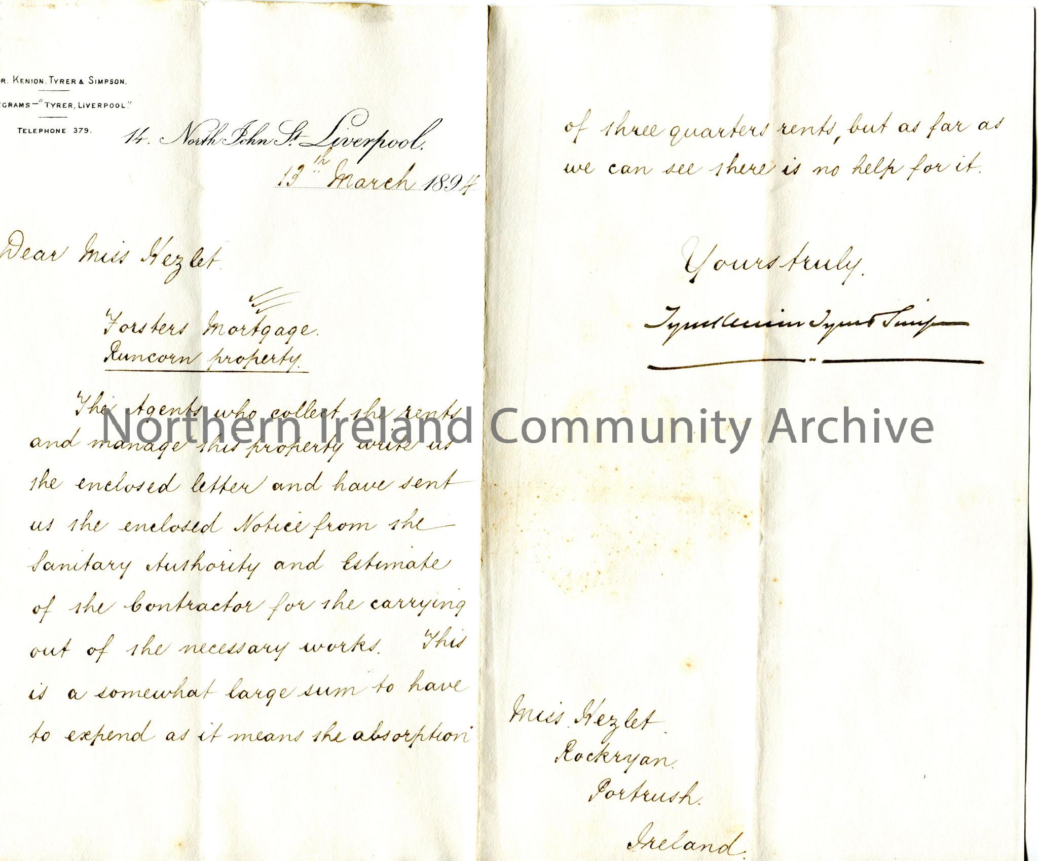 Handwritten letter to Miss Hezlet at Rockryan, Portrush, Ireland. Writing re Foster mortgage and Runcorn property. Costly repairs need to be completed…