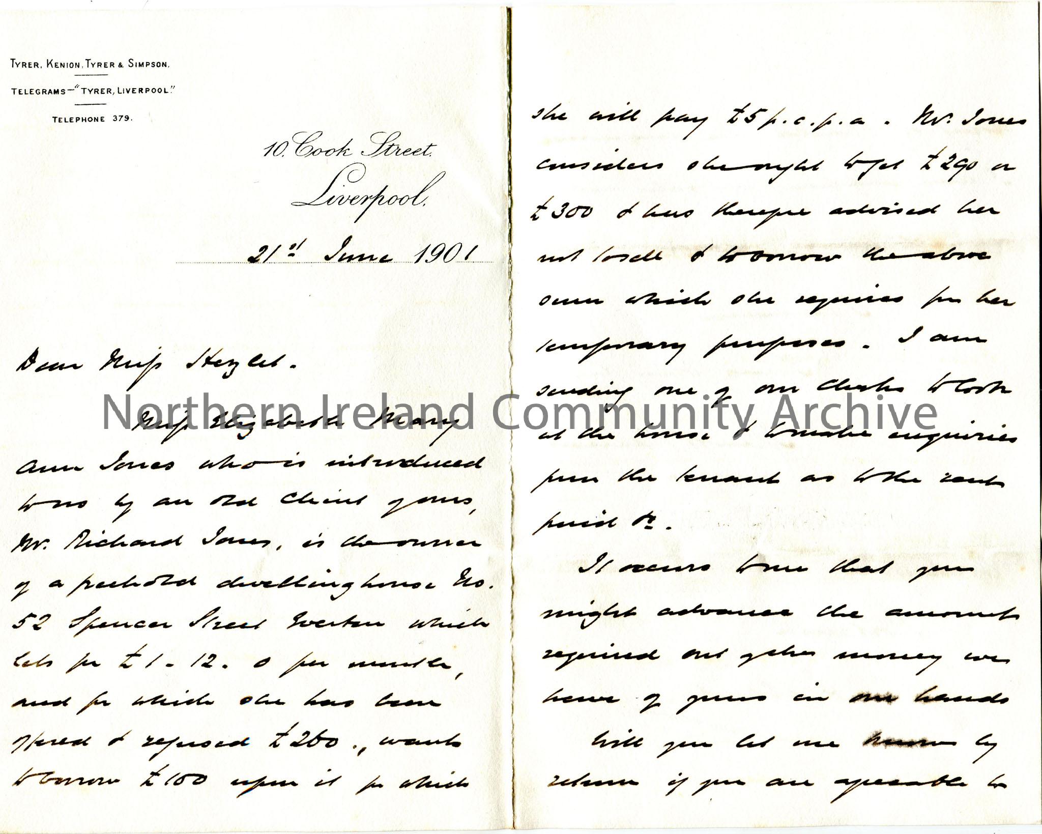 Handwritten letter, double sided, to Miss Hezlet at Rockryan, Portrush, Ireland. Informs Miss Hezlet of a property at 52 Spencer Street, Everton, Live…