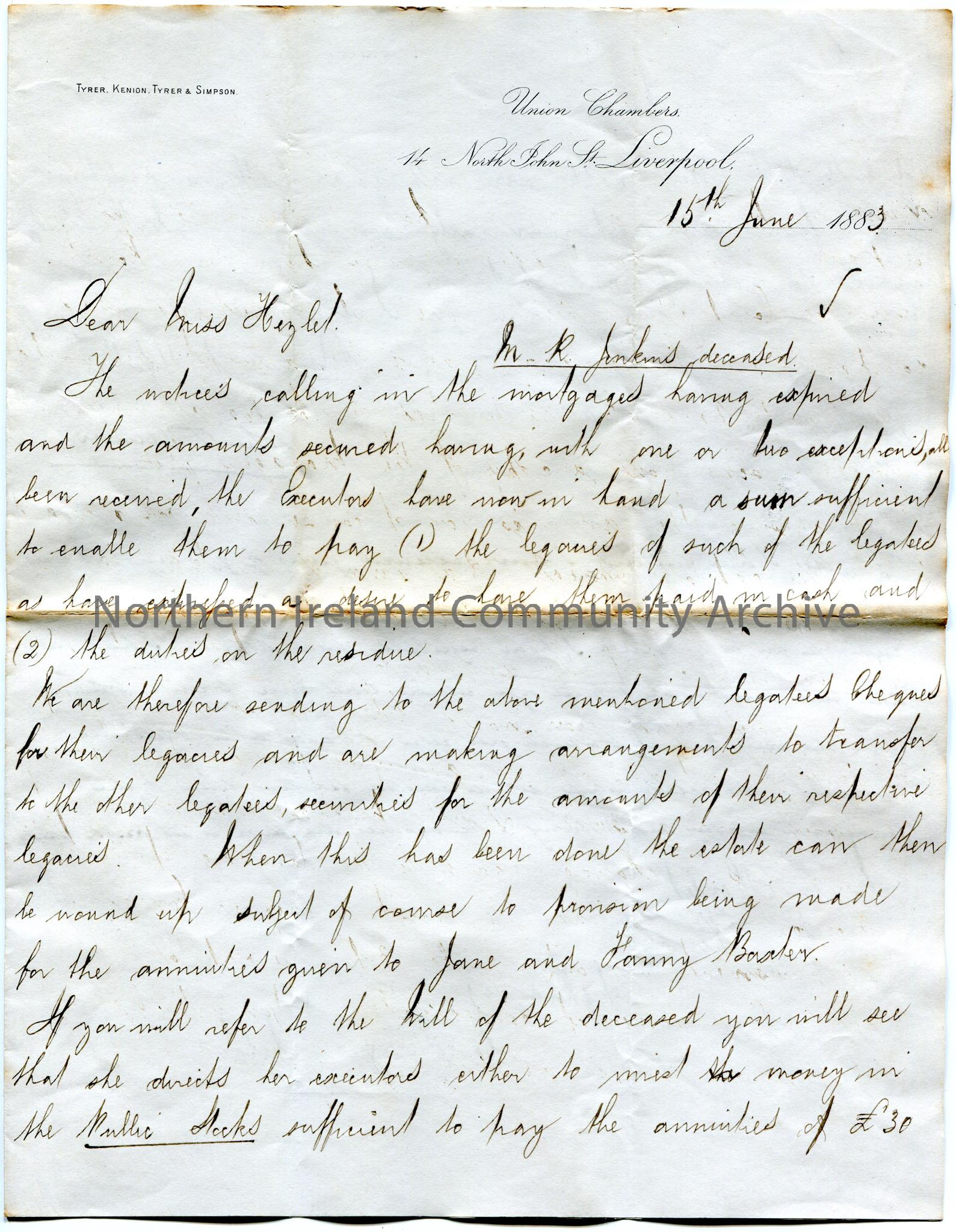Handwritten letter, double sided and folded, to Miss Hezlet at Bovagh, Aghadowey, Co. Derry, Ireland. Writing re the Will of M. R. Jenkins, deceased. …