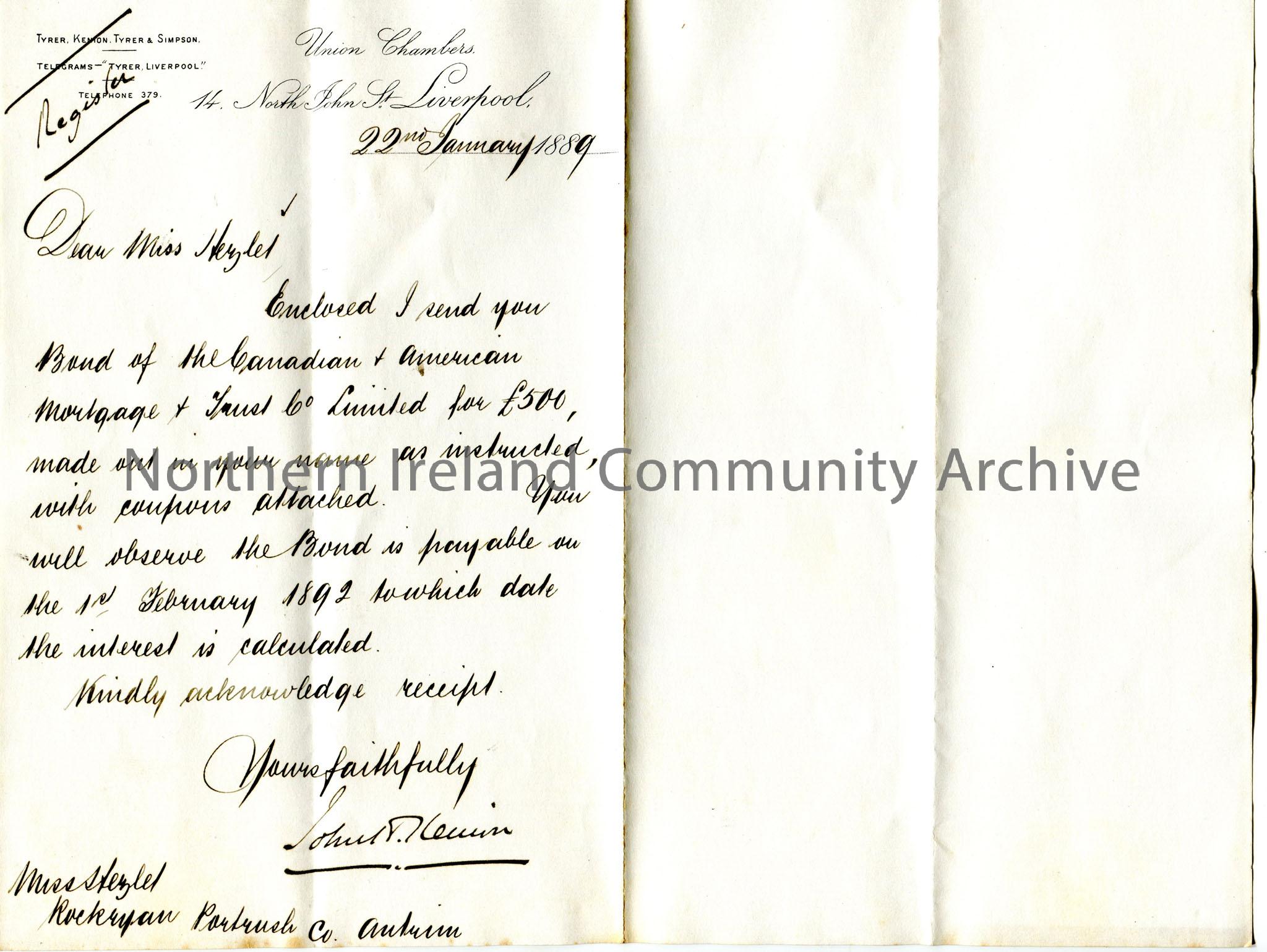 Handwritten letter to Miss Hezlet at Rockryan, Portrush, Co.Antrim. Encloses Miss Hezlet’s Bond of the Canadian and American Mortgage and Trust Compan…