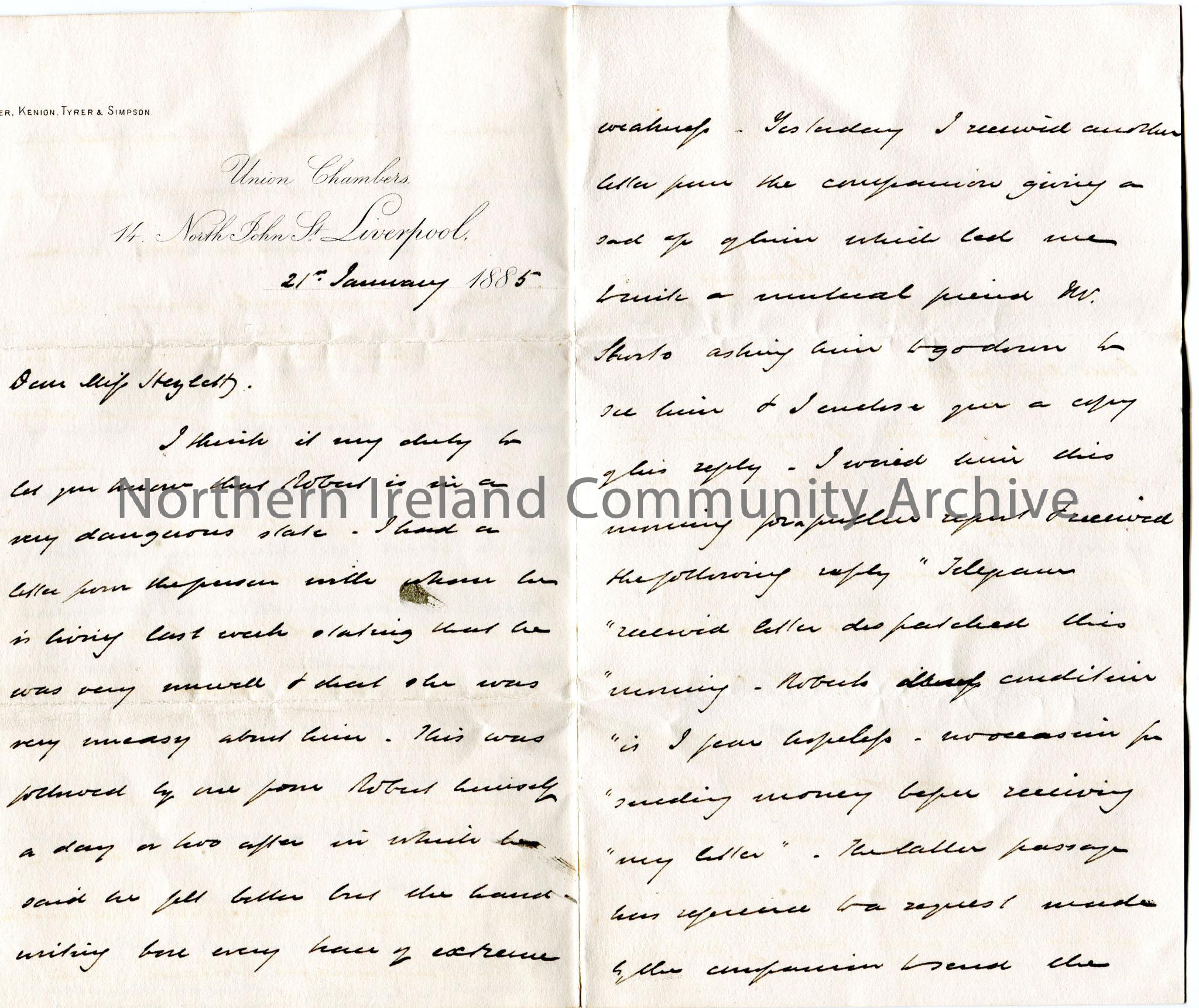 Handwritten letter, double sided, to Miss Hezlet at Bovagh, Aghadowey, Co.Derry. Writes re the failing health of Robert. Miss Hezlet to let Mrs Lecky …