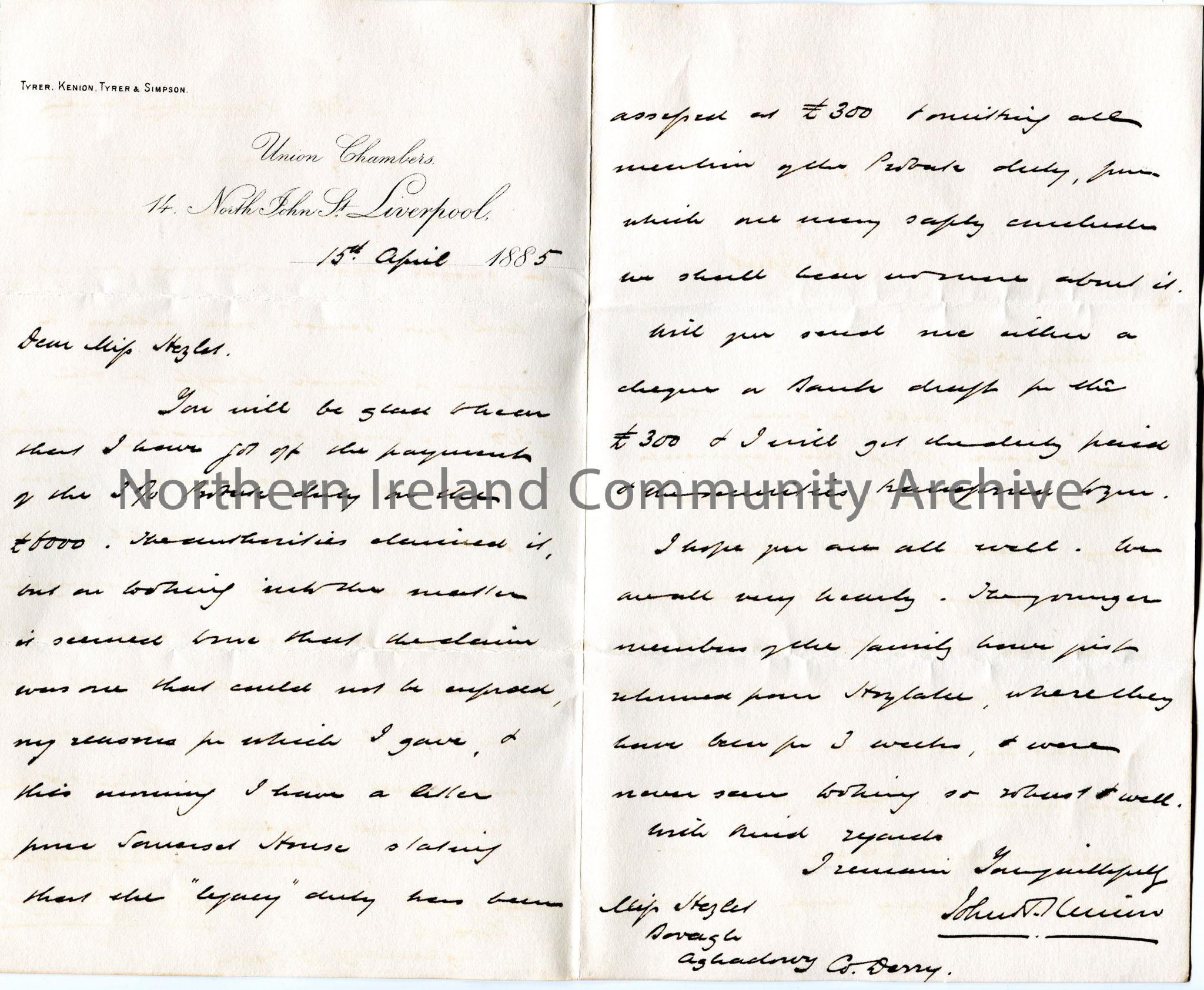 Handwritten letter to Miss Hezlet at Bovagh, Aghadowey, Co.Derry. Writing re Probate duty on £6000 mortgages. Refers to receiving a letter from S…