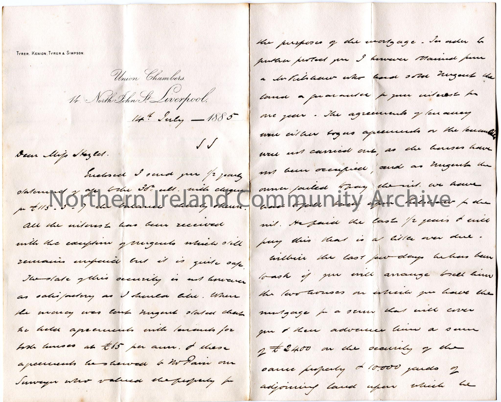 Handwritten letter, double sided, to Miss Hezlet at Bovagh, Aghadowey, Co.Antrim. Encloses half yearly statement of accounts and cheque for £115….