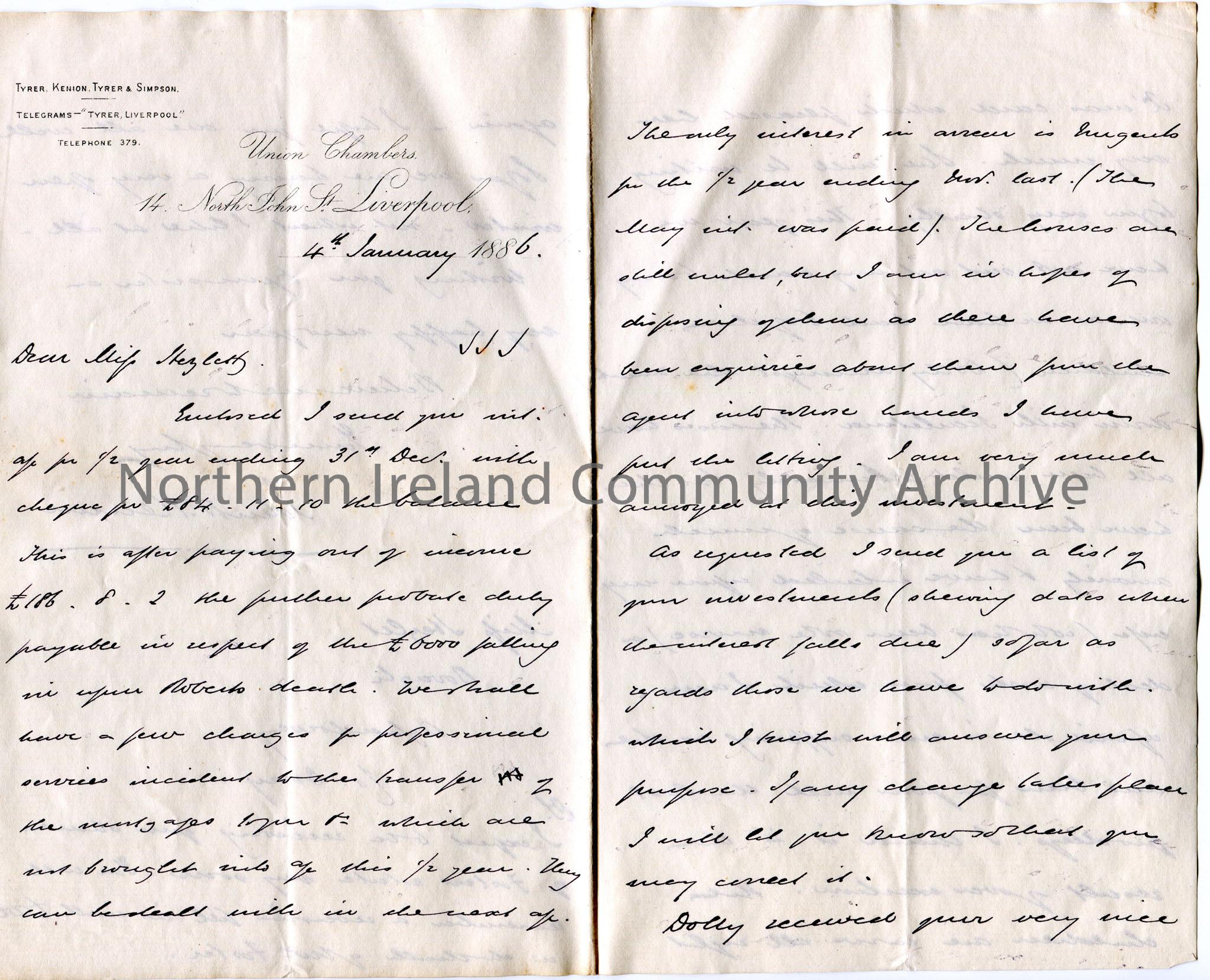 Handwritten letter to Miss Hezlet at Bovagh, Aghadowey, Co.Derry. Encloses half yearly statement of accounts and cheque for £84.11.10. Writes re …