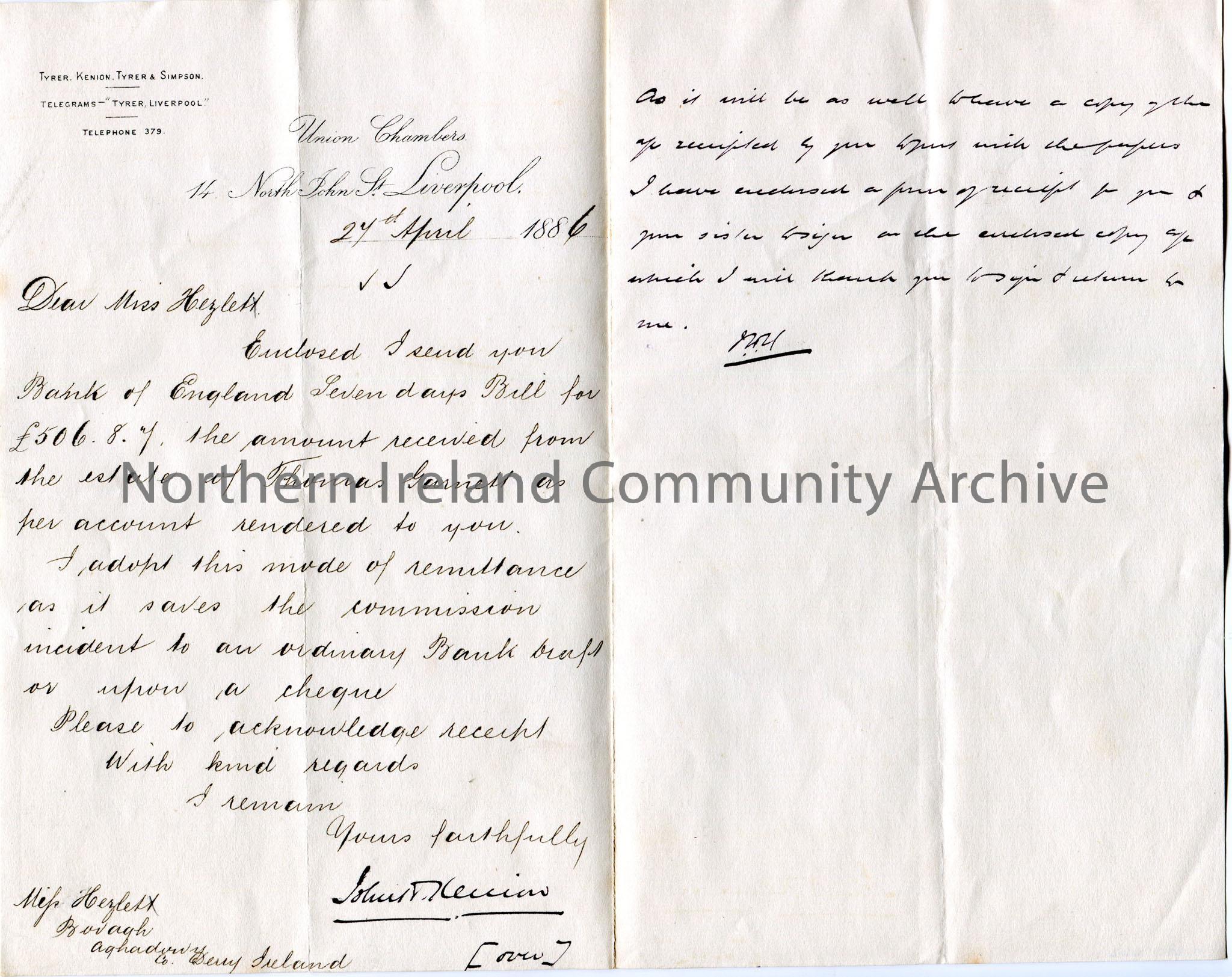 Handwritten letter to Miss Hezlet at Bovagh, Aghadowey, Co.Derry, Ireland. Encloses Bank of Ireland 7 days Bill for £506.8.7 received from the es…